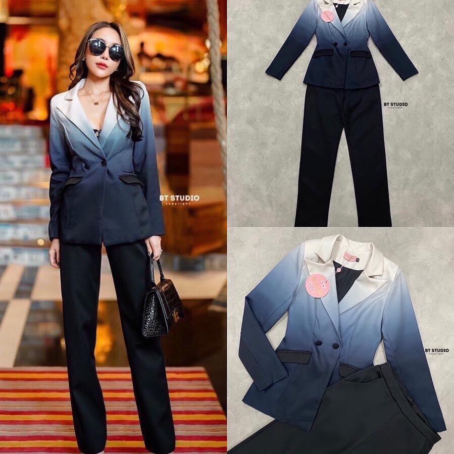 เซท 2 ชิ้น เสื้อเบเซอร์แขนยาวคอปก แต่งกระดุม 2 เม็ด ดีเทลเบเซอร์แต่งไล่สี กระเป๋า ใช้งานได้จริง แมทซ์กับกางเกงขายาว สินค้าคุณภาพ (พร้อมส่ง)