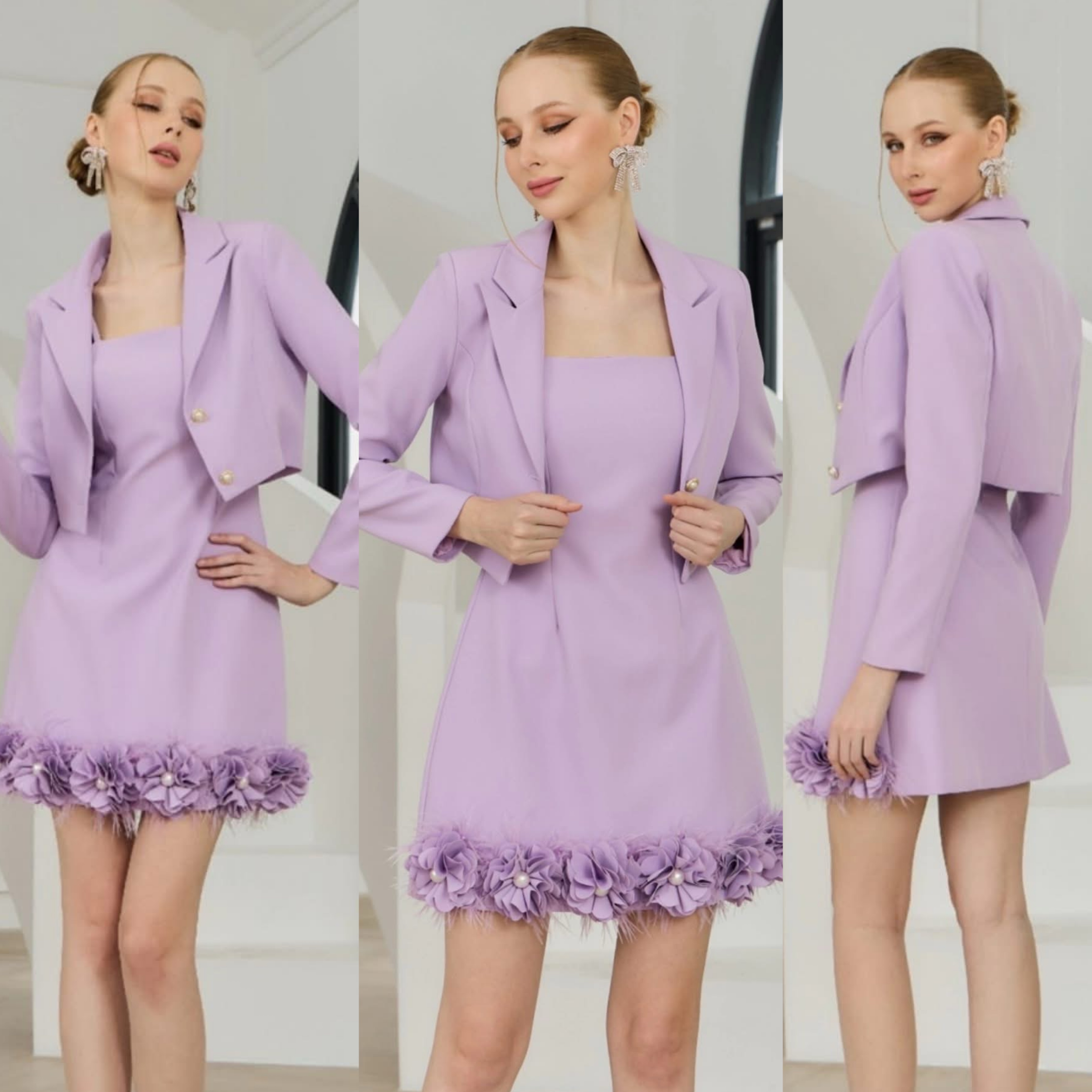 เซตเสื้อครอปสูท+เดรสสายเดี่ยวแต่งดอกไม้แซมด่วยขนนก เนื้อผ้าเกรดเอ ใส่สบาย : สินค้าคุณภาพ (พร้อมส่ง)