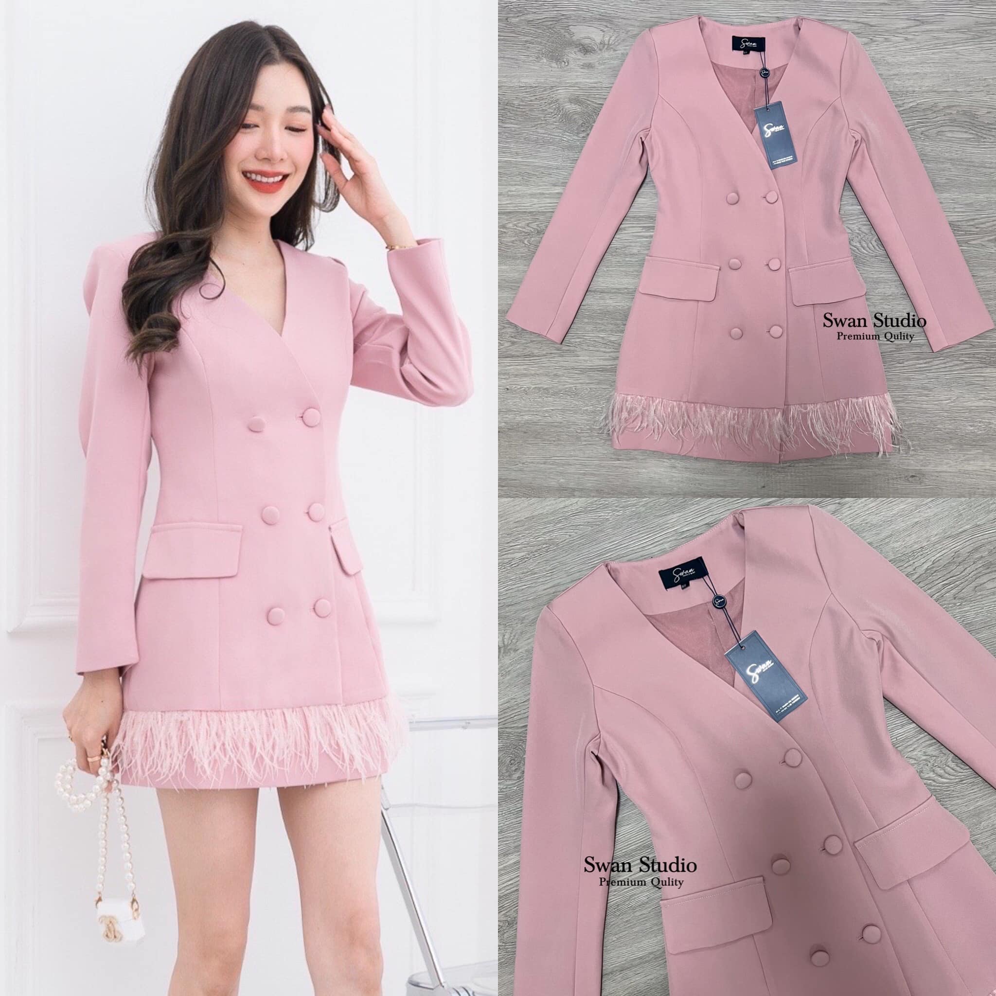 เดรสเบเซอร์แขนยาวสีชมพู แต่งกระดุม ด้านหน้า 6 เม็ด พร้อมกระเป๋าหลอกทั้ง 2 ฝั่ง ช่วงไหล่ของชุดมีเสริมฟองน้ำ ปลายเดรสแต่งด้วยขนนกกระจอกเทศ ซับในทั้งตัว สินค้าคุณภาพ (พร้อมส่ง)