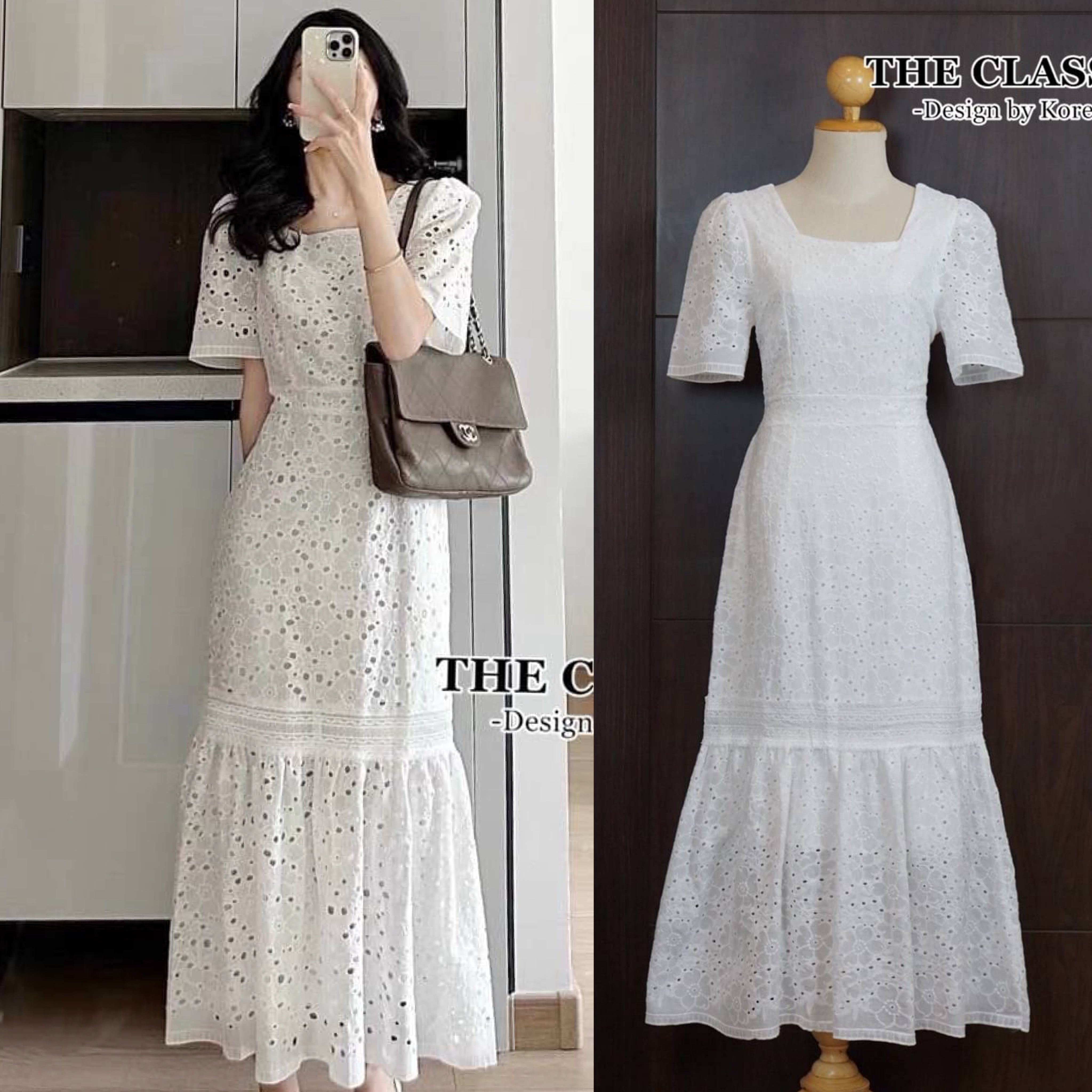 เดรสยาวโบว์เอว ใช้ผ้าเนื้อดีฉลุลวดลายปัก ขอบรอบตัว คอเหลี่ยมซิปซ่อนด้านหลัง ช่วงเอวมีโบว์ผูกด้านหน้าหรือด้านหลังก็ได้ค่ะ : สินค้าคุณภาพ (พร้อมส่ง)