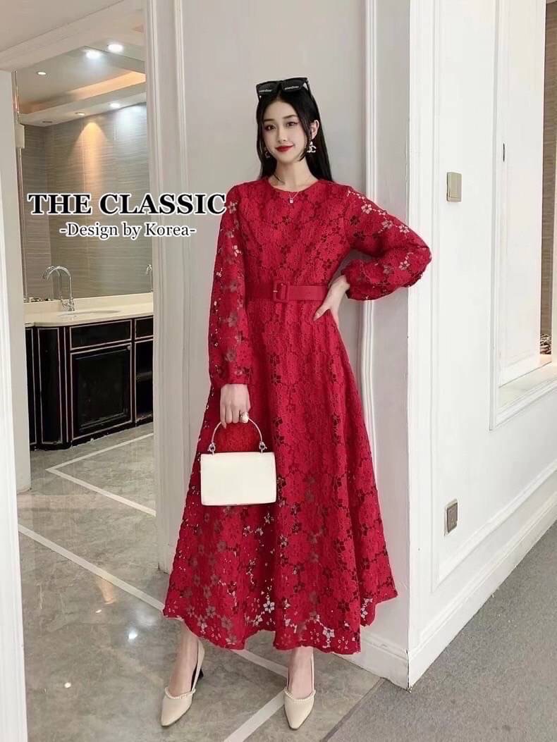 เดรสลูกไม้แขนยาว+เข็มขัด : สินค้าคุณภาพ (พร้อมส่ง)