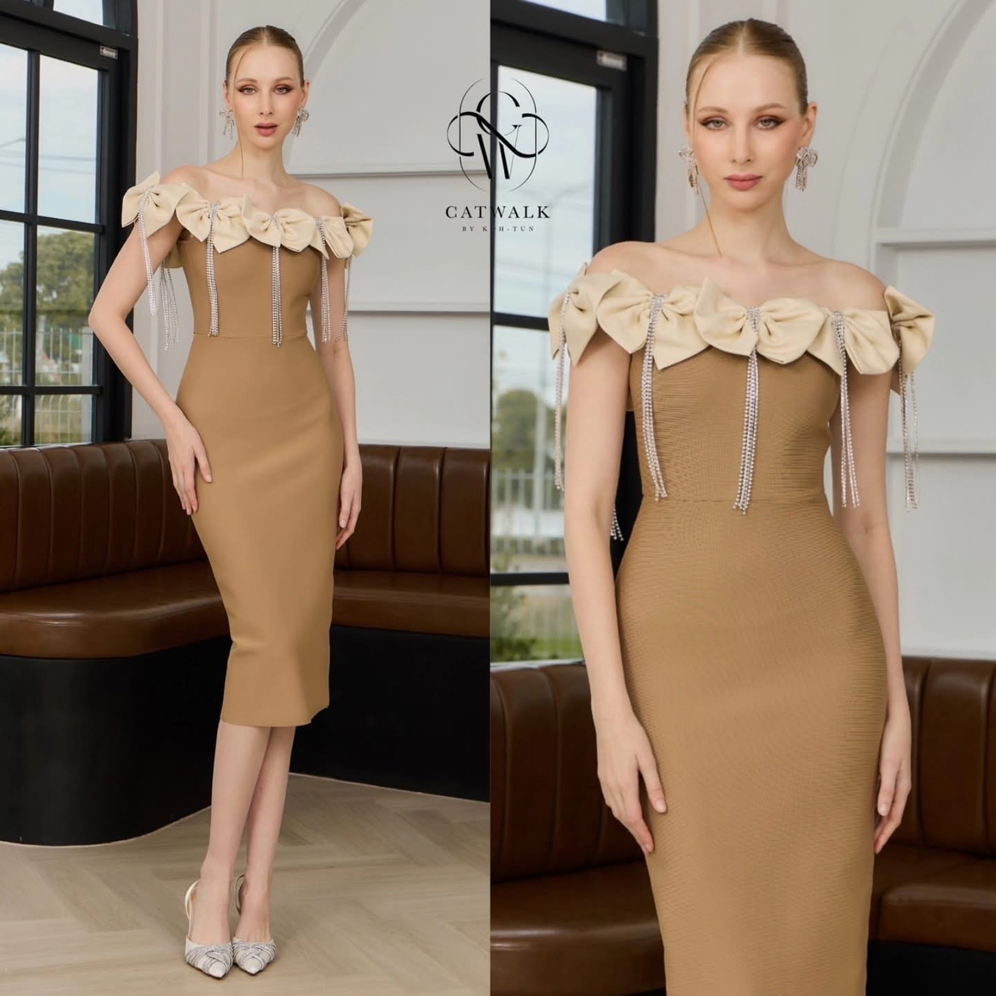 เดรสแต่งโบว์+สร้อยเพชร ตัวชุดเป็นผ้ายืดเนื้อหนาเก็บทรงสวย เพิ่มความหรูหราด้วยโบว์รอบไหล่ แต่งด้วยสร้อยเพชรตรงกลางโบว์ย้อยระย้าสวยมาก ใส่สบาย : สินค้าคุณภาพ (พร้อมส่ง)