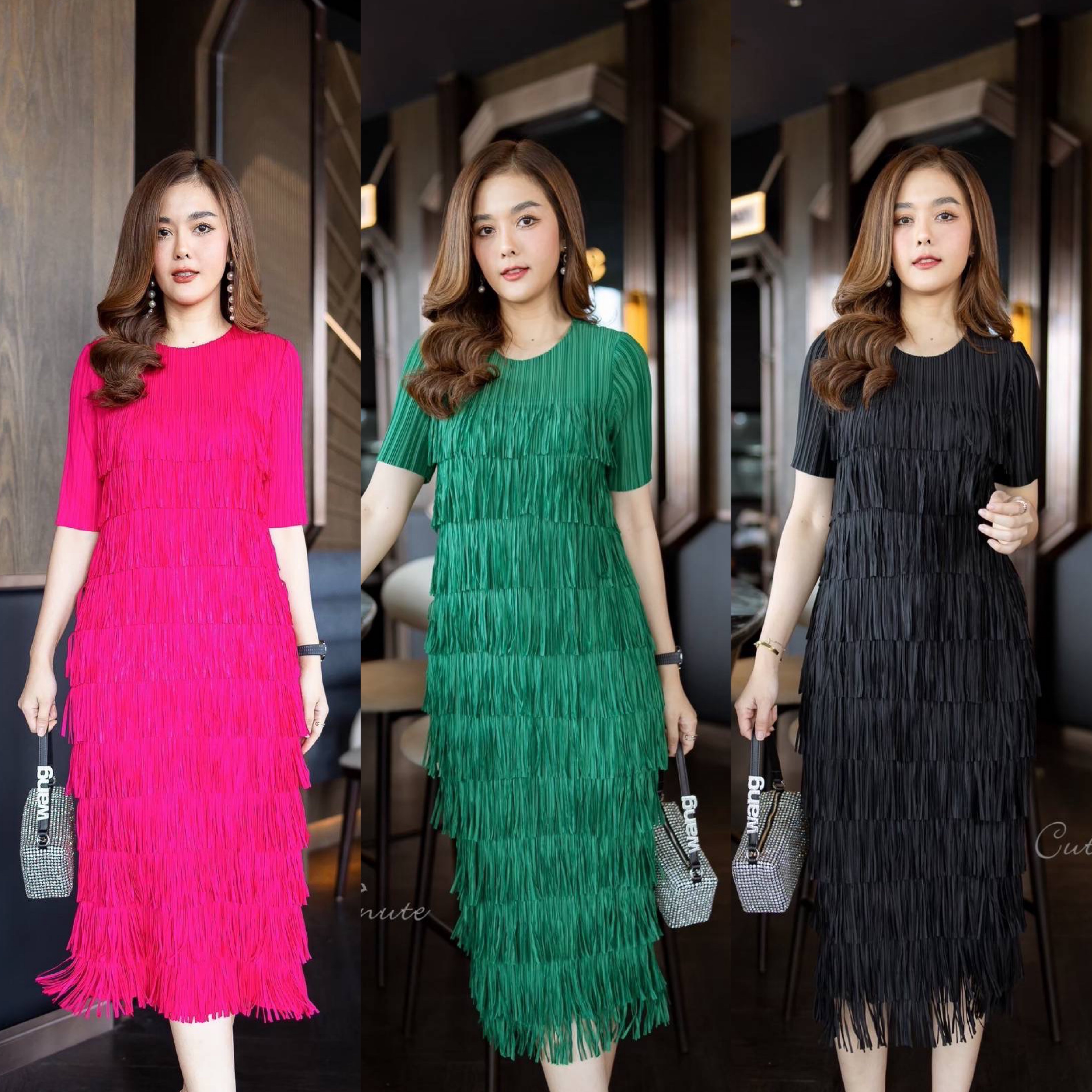 เดรสผ้าอัดพลีท Premium งานแต่งดีเทลด้วยพู่เป็นชั้นๆ ผ้ายืดหยุ่นได้ทั้งตัว ทรงชุดเข้ารูป ใส่สบาย : สินค้าคุณภาพ (พร้อมส่ง)