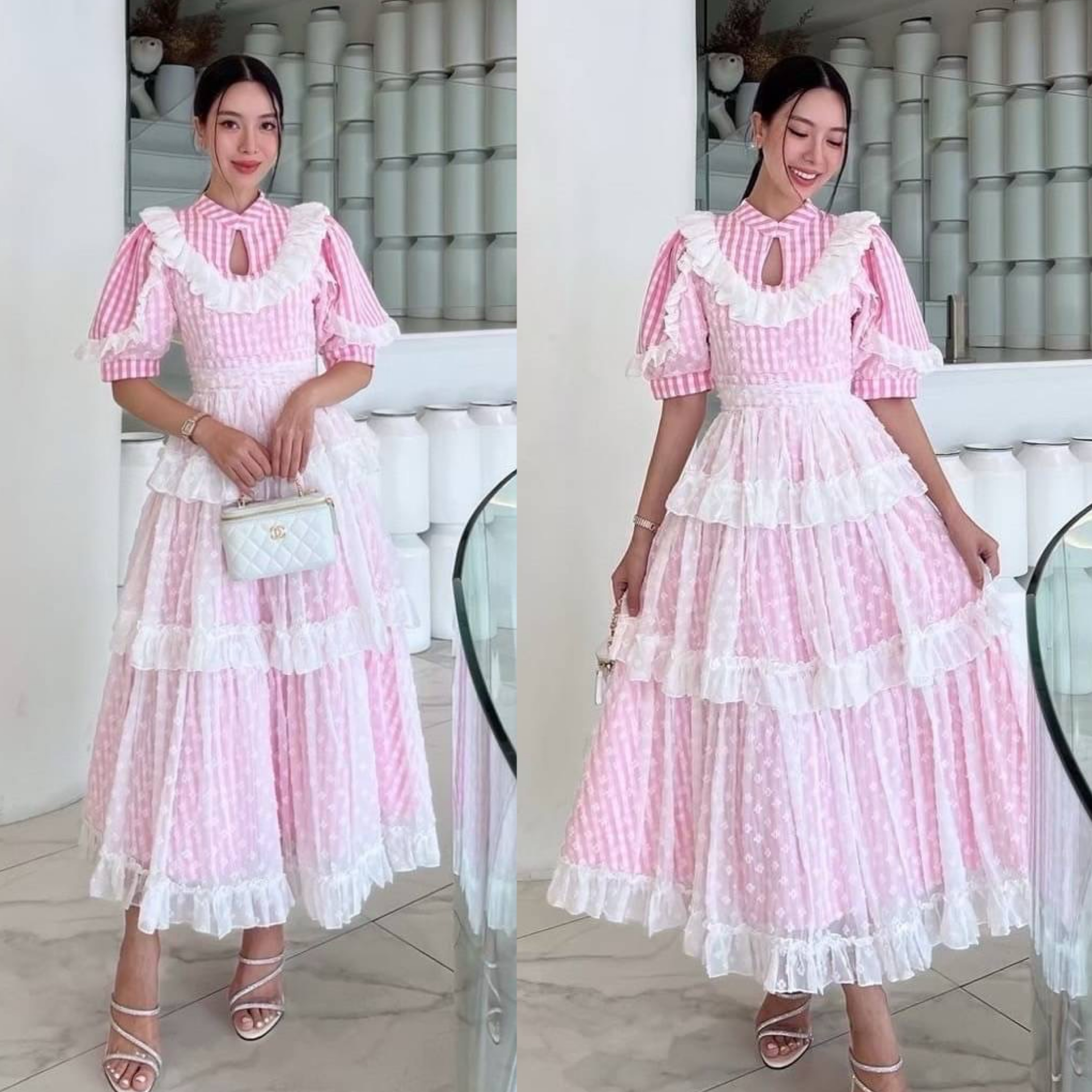 เดรสลายสก็อตสีชมพูตัวยาวแต่งระบาย ลูกไม้ฉลุสีขาวคลุมทั้งตัว เป็นทรงระบายซ้อนถึง 3 ชั้น รุ่นนี้ผ้าดีใส่สวย ฟูฟ่อง เป็นทรง ใส่สบาย : สินค้าคุณภาพ (พร้อมส่ง)