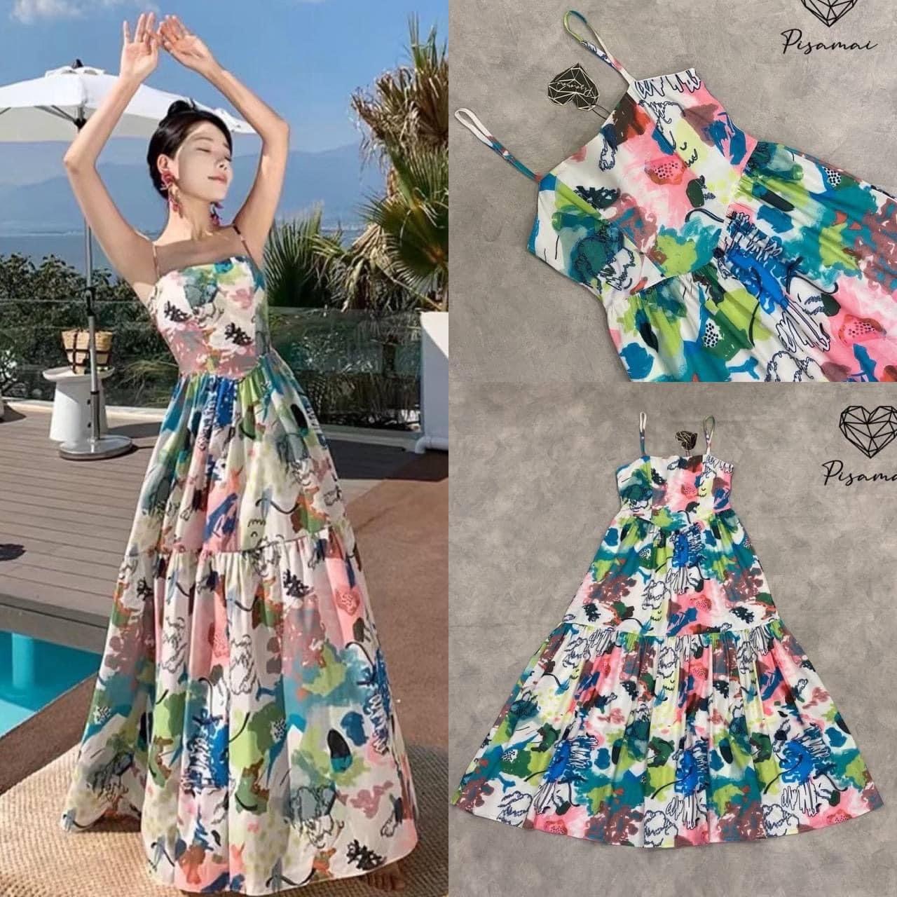 เดรสสายเดี่ยวตัวยาวลายกราฟฟิก ดอกไม้หลากสีลายดอกสดใส สินค้าคุณภาพ (พร้อมส่ง)