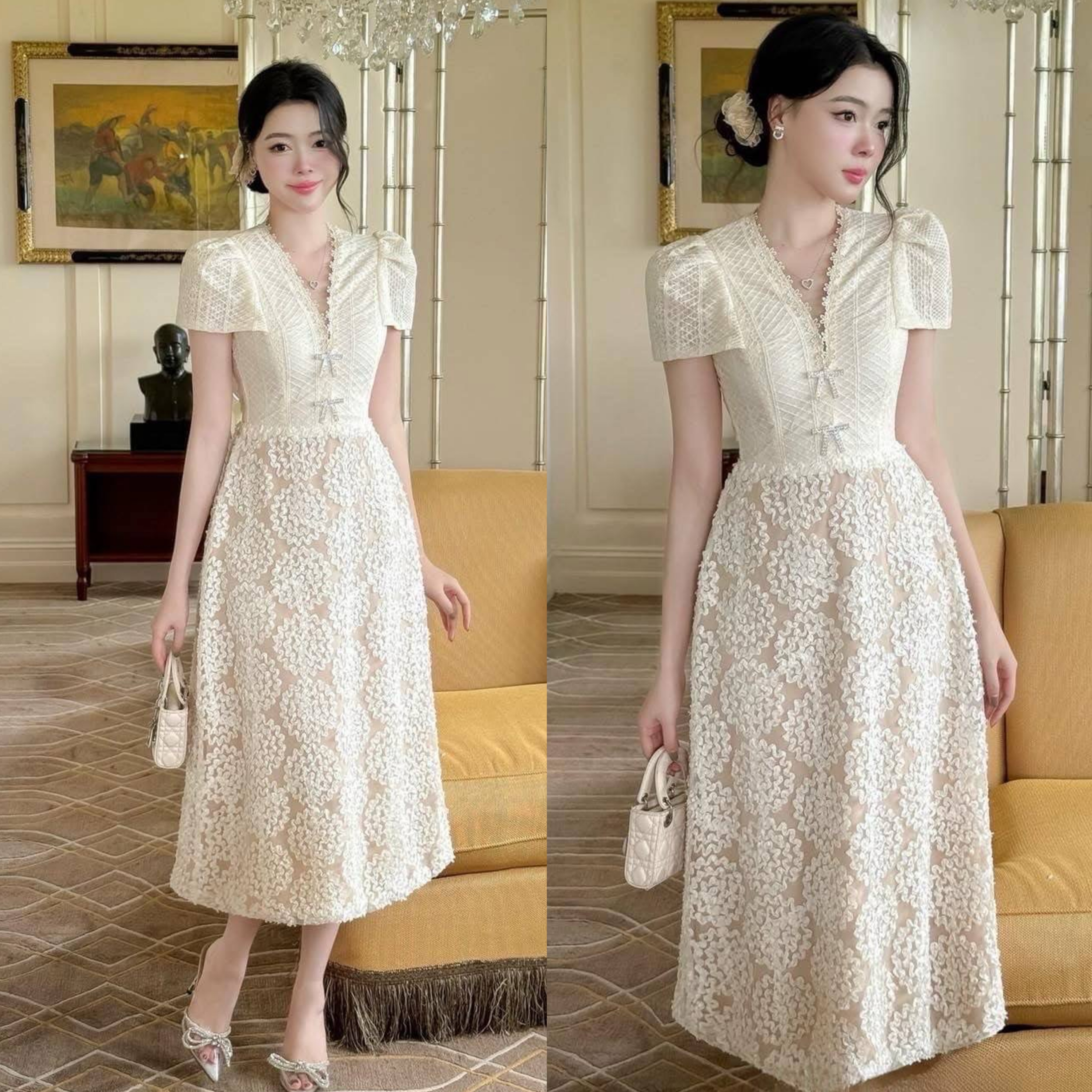 เดรสลูกไม้สีครีม เดรสดีเทลแขนปกไหล่ ช่วงบนปักซีทรูสวยซับในครีมอกแต่งเข็มกลัดโบว์เพชรน่ารัก ใส่สบาย : สินค้าคุณภาพ (พร้อมส่ง)