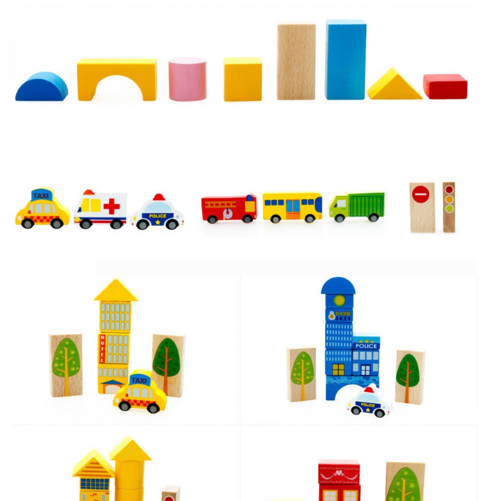 ของเล่นไม้ บล็อคไม้ของเล่น ตัวต่อไม้ บล็อกไม้ ทรงเรขา สร้างเมือง 62 ชิ้น Wooden Building Block Toys