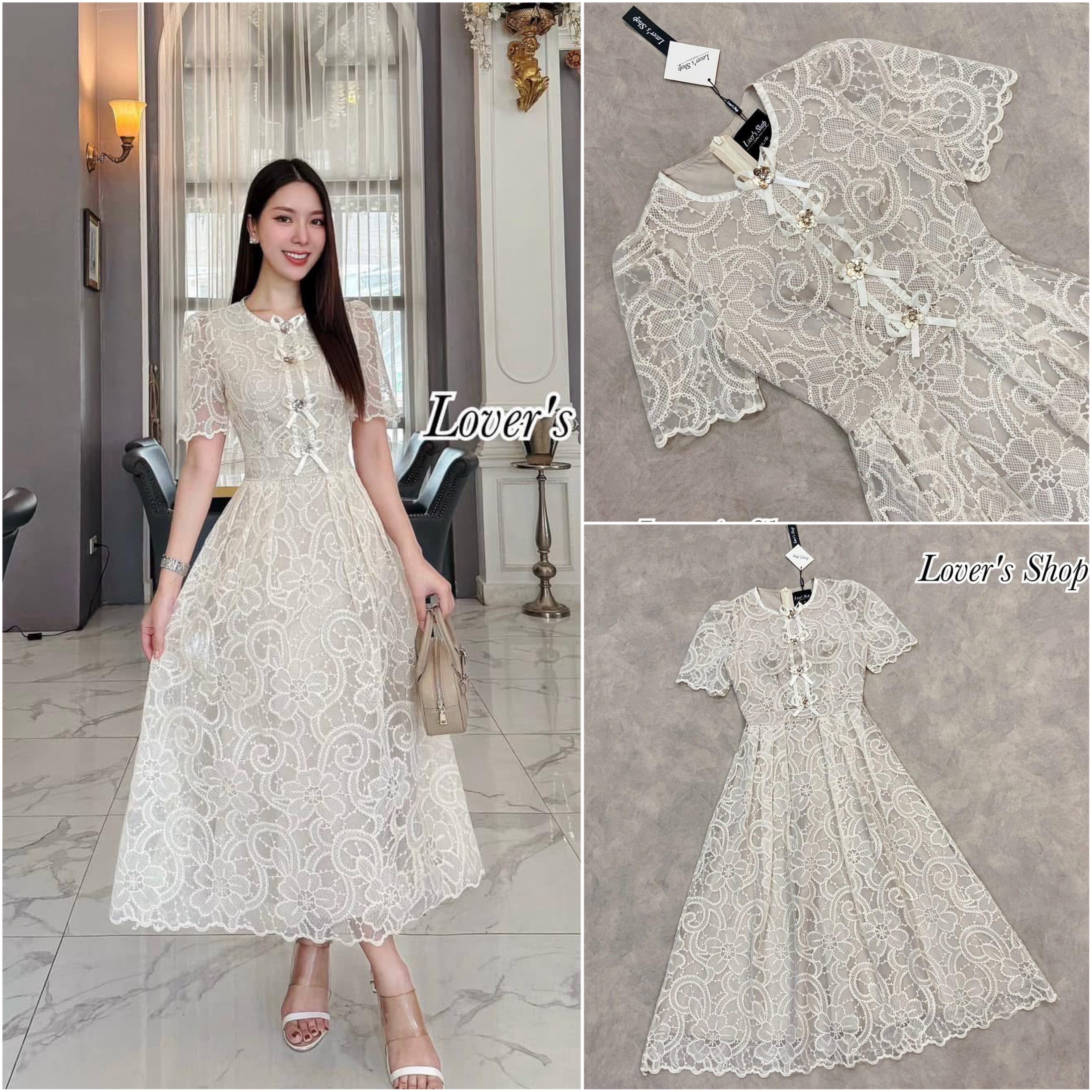 เดรสลูกไม้ แต่งกระดุมหน้า ทรงสวยน่ารักค่ะ เป็นเดรสลูกไม้ที่ใส่ง่ายและใส่สวย กระโปรงมีความบานกำลังดี ใส่สบาย : สินค้าคุณภาพ (พร้อมส่ง)