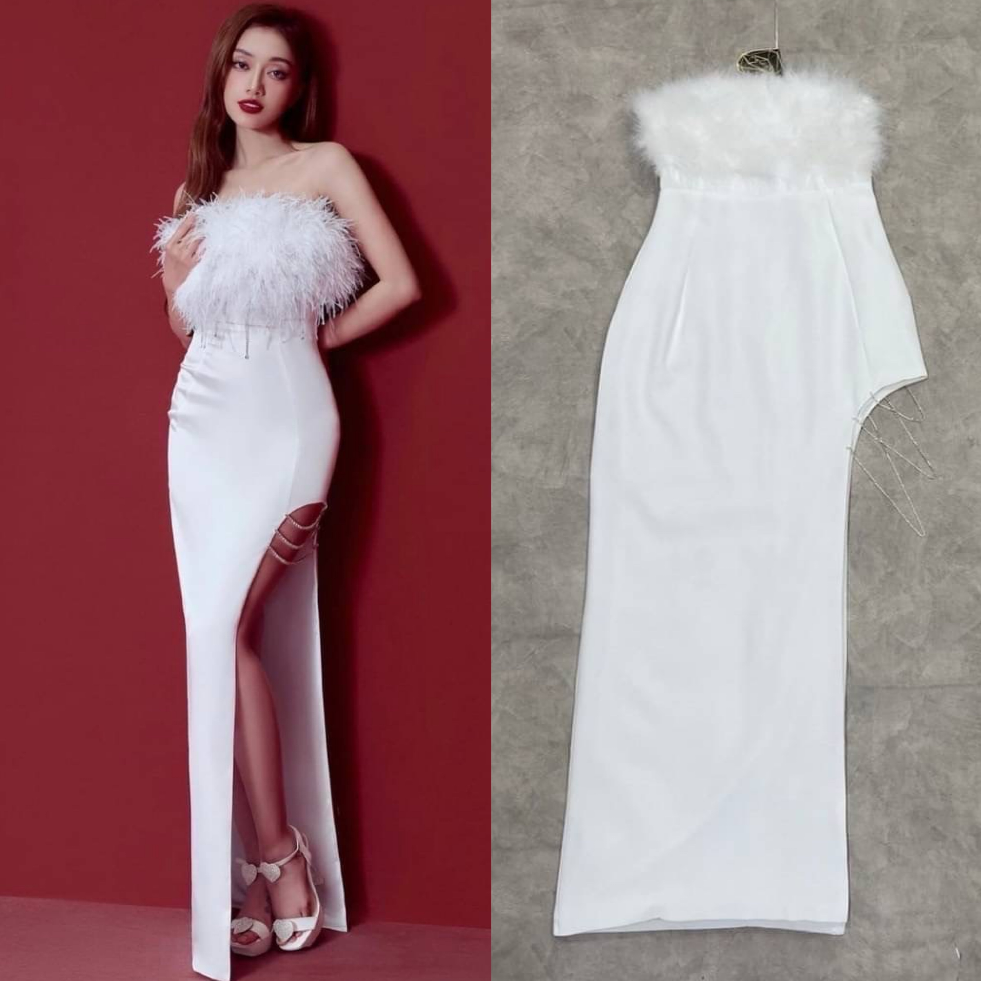 เดรสเกาะอกตัวยาวสีขาว แต่งขนปุยๆแซ่บๆช่วงอก เป็นทรงผ่าหน้ายาวแต่งโซ่วิ้งๆ ใส่สบาย สินค้าคุณภาพ (พร้อมส่ง)