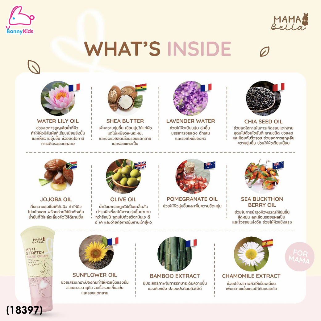 (18397) Mamabella (มามาเบลล่า) Anti-Stretch Mark Cream ครีมทารอยแตกลาย หน้าอกแตกลาย ท้องแตกลาย สำหรับคุณแม่ (100กรัม)
