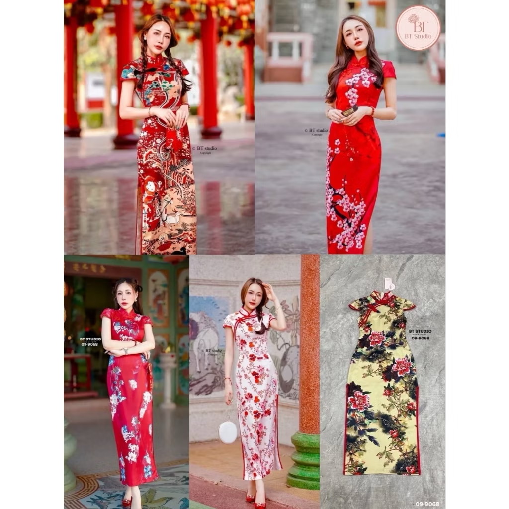 เดรสกี่เพ้า แต่งคอจีน พื้นสีพิมพ์ลายสวยม๊าก ห้ามพลาดเลยคร้าา limited ม๊ากคร้า ใส่สบาย : สินค้าคุณภาพ (พร้อมส่ง)