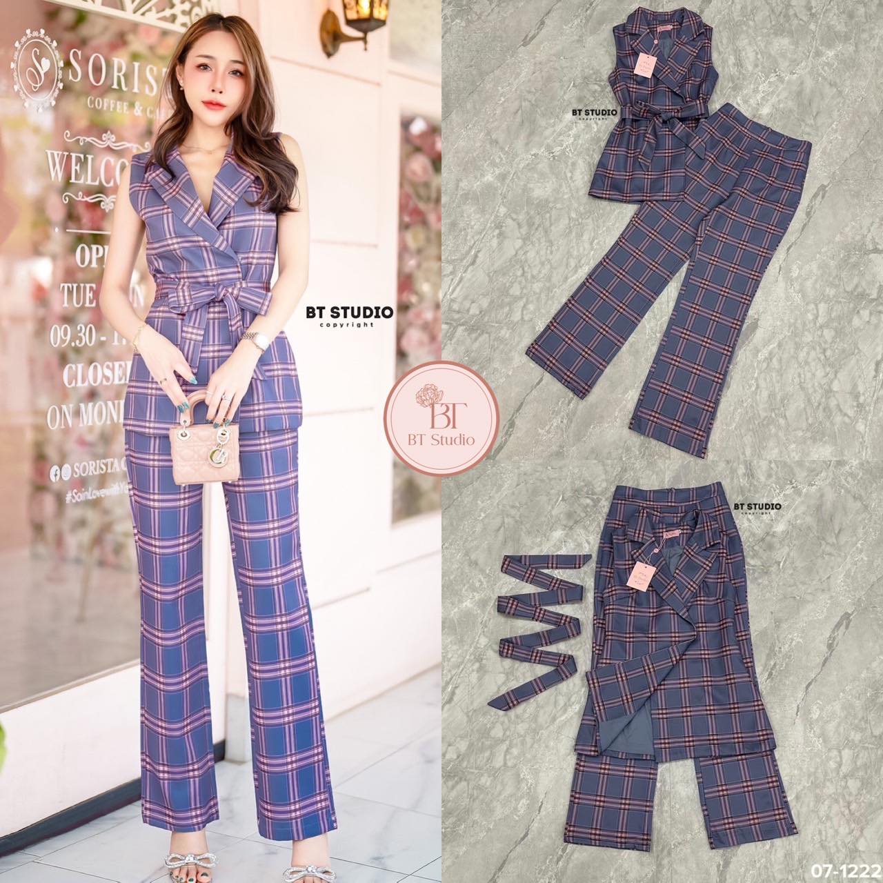 เซท 3 ชิ้น เสื้อเบเซอร์แขนกุดคอปก มาพร้อมสายคาดเอว แมทซ์กับกางเกงขายาว สินค้าคุณภาพ (พร้อมส่ง)