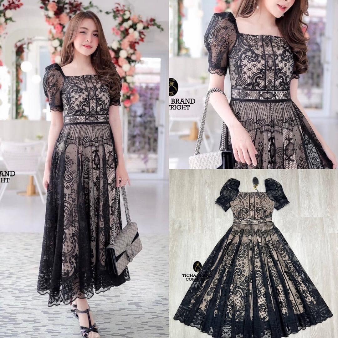 เดรสลูกไม้ แขนตุ๊กตา เนื้อผ้าทอลายขึ้นพิเศษในลุค เจ้าหญิง หรือสีดำในลุคสวยหรู สินค้าคุณภาพ (พร้อมส่ง)