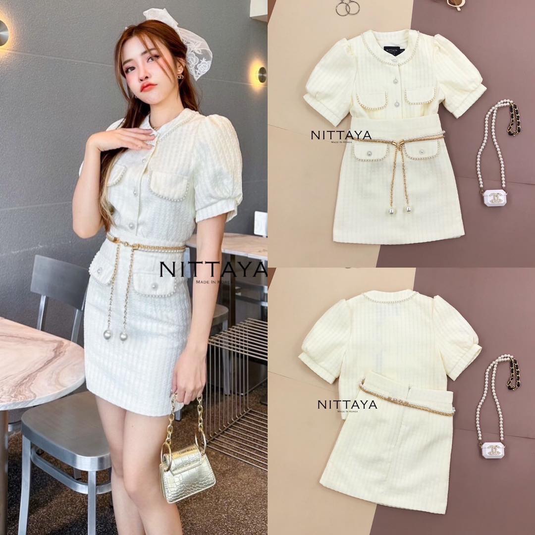 เซตครีมแต่งกระดุม+กางเกงขาสั้น กระเป๋าใช้งานได้จริง มีมาพร้อมกับเข็มขัด มุกอีก1เส้น : สินค้าคุณภาพ (พร้อมส่ง)