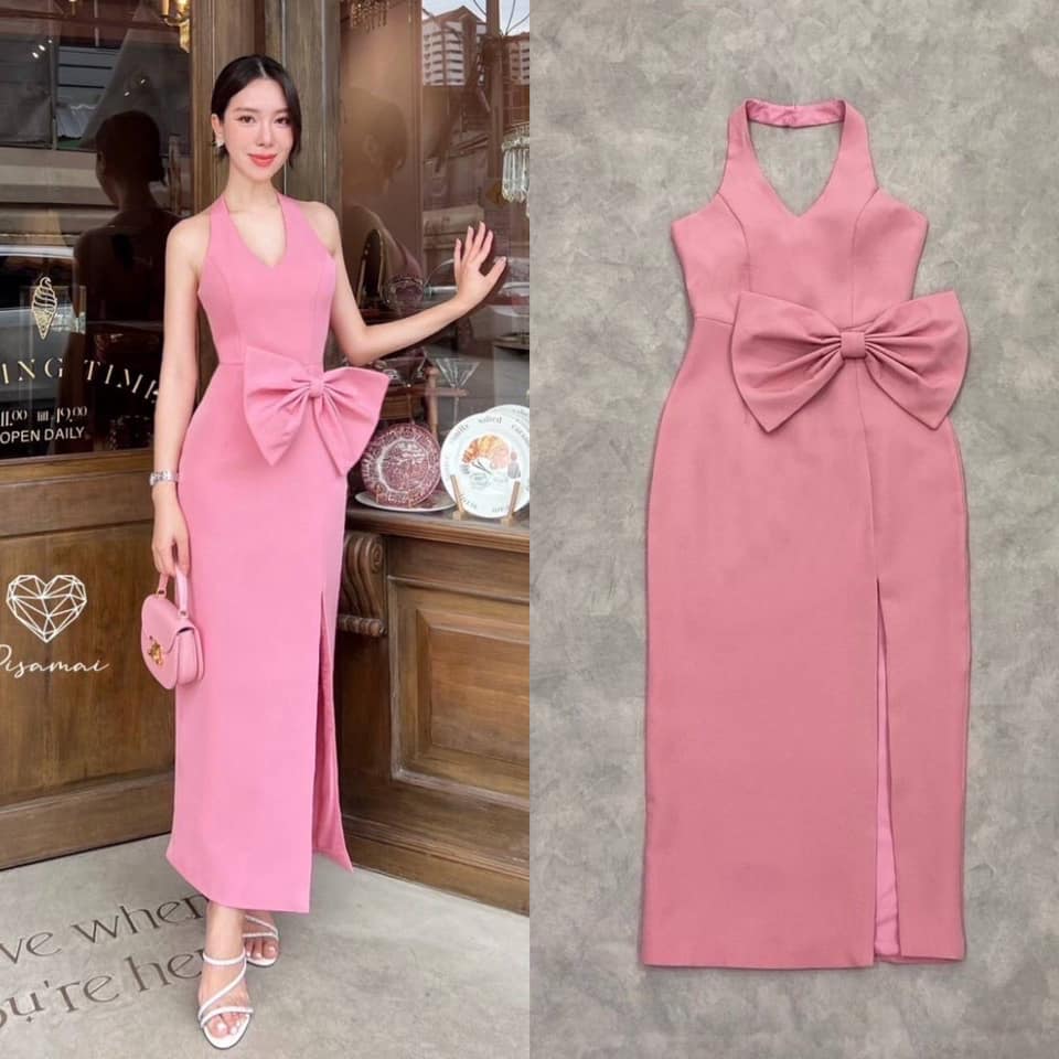 เดรสคล้องคอเว้าสีชมพูหวานๆ แต่งโบว์ใหญ่ช่วงเอวทรงผ่าหน้าสูง ใส่สวย เข้ารูปมากกก ใส่สบาย : สินค้าคุณภาพ (พร้อมส่ง)