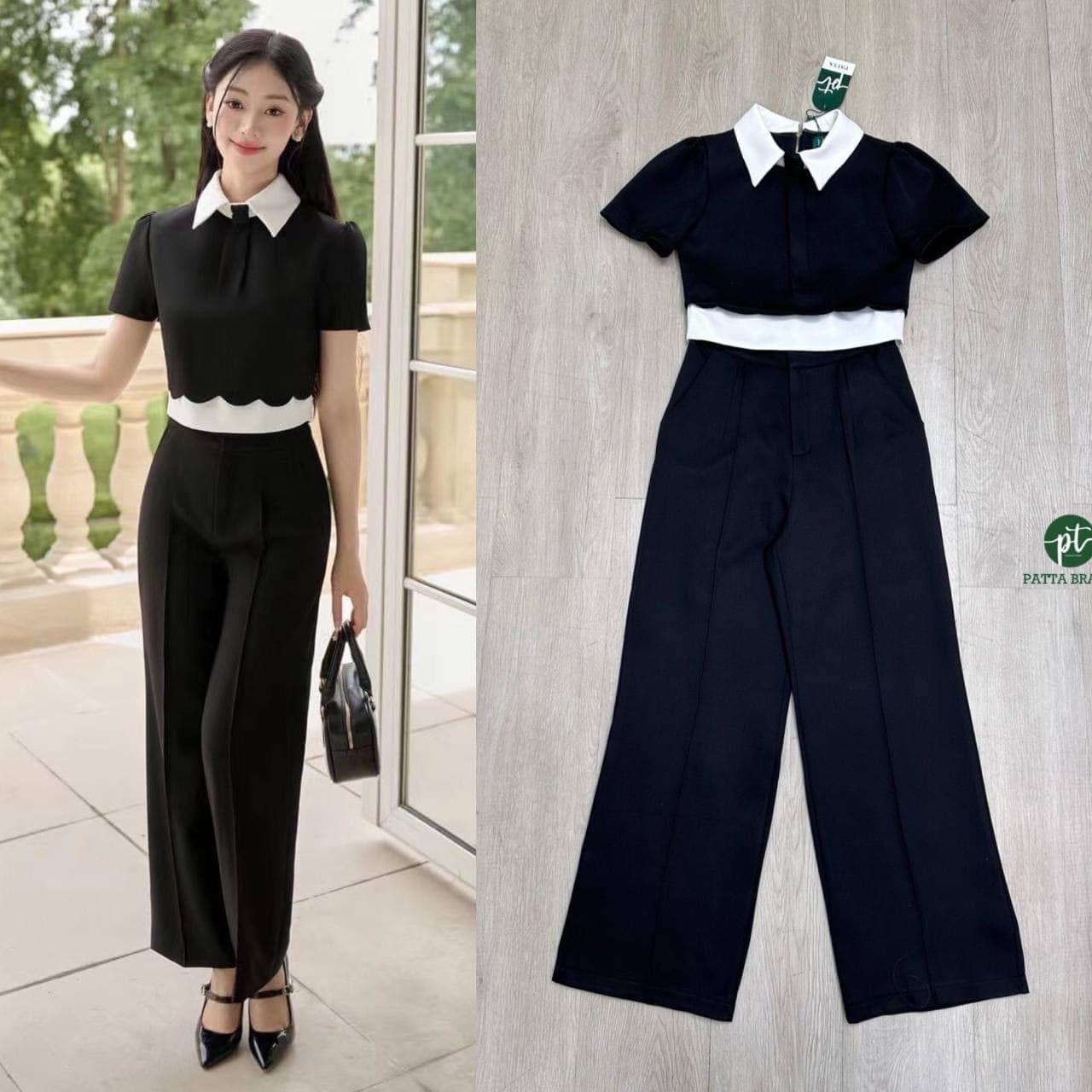 Set 2 ชิ้น สีดำ เสื้อแขนสั้นดีเทลเย็บต่อ คอปกสีขาวและแต่งชายหยักโค้งเย็บต่อชายสีขาว มีซิปหลังอย่างดีมาคู่กับกางเกงขายาวทรงกระบอก : สินค้าคุณภาพ (พร้อมส่ง)