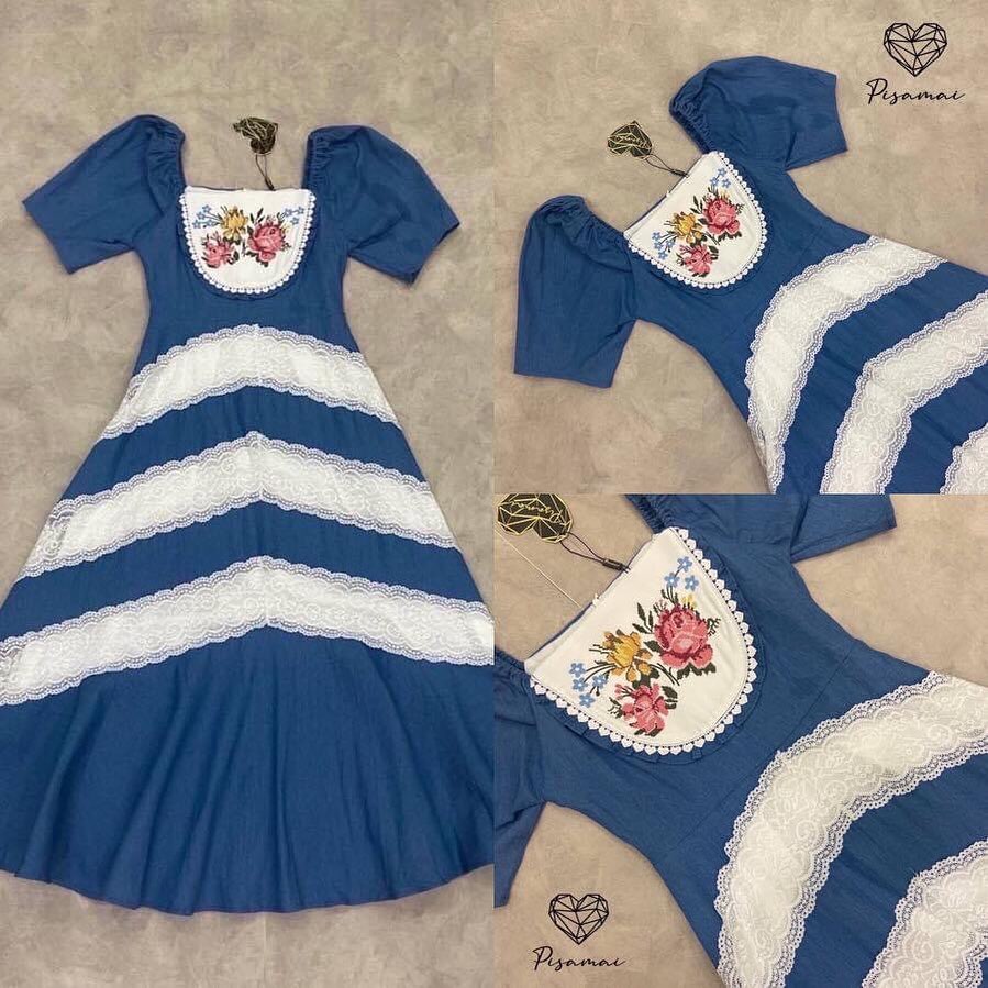 เดรสยีนส์แขนตุ๊กตาตัวยาวแต่งระบาย ลูกไม้สีขาวสลับชั้น สินค้าคุณภาพ (พร้อมส่ง)