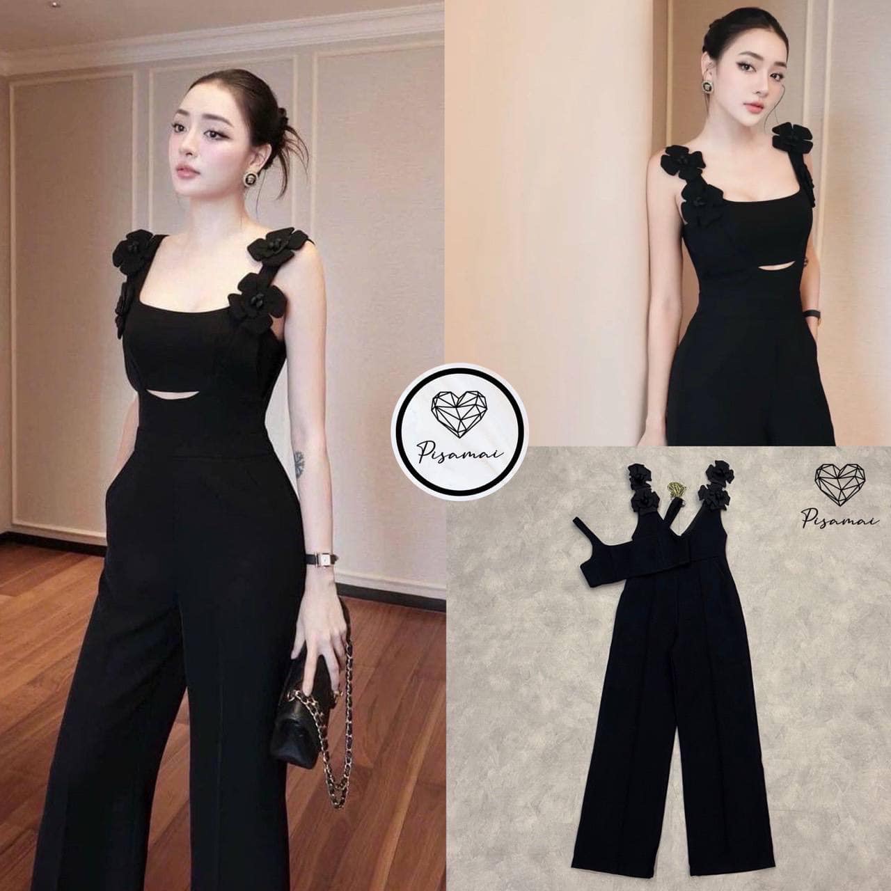 จั้มสูทขายาวแต่งดอกไม้3Dช่วงเเขน มาคู่กับเสื้อคอปตัวสั้นแยกชิ้น เว้าเอวนิดๆ แต่งดอกไม้ 3D ช่วงแขนเรียบ หรู ดูแพง ใส่สบาย : สินค้าคุณภาพ (พร้อมส่ง)