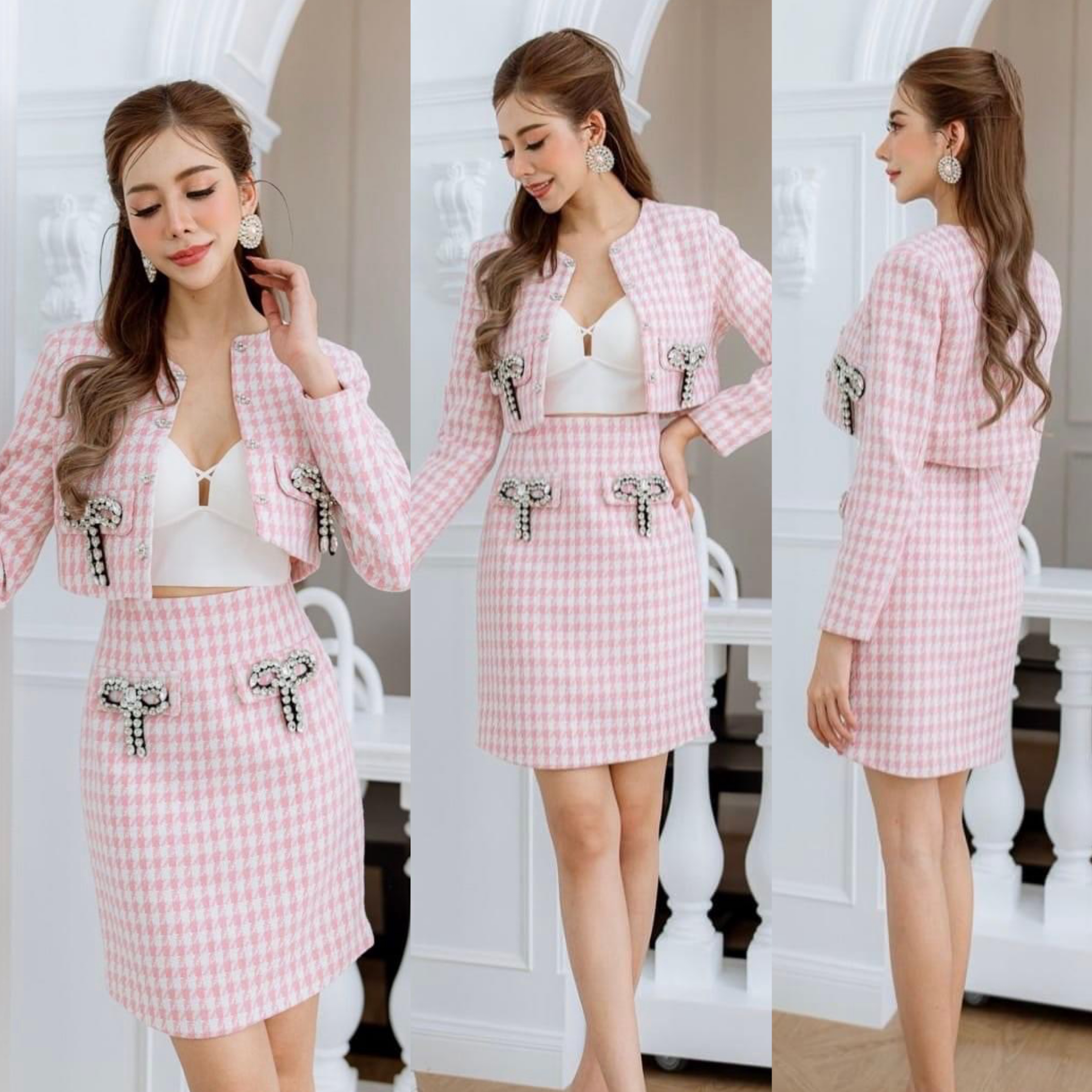 เซตผ้าทวิตลายชิโนริเสื้อครอปแต่งโบว์เพชร+กระโปรงทรงสอบ เนื้อผ้าทวิตทอลายเกรดเอ งานhiend ใส่สบาย สินค้าคุณภาพ (พร้อมส่ง)