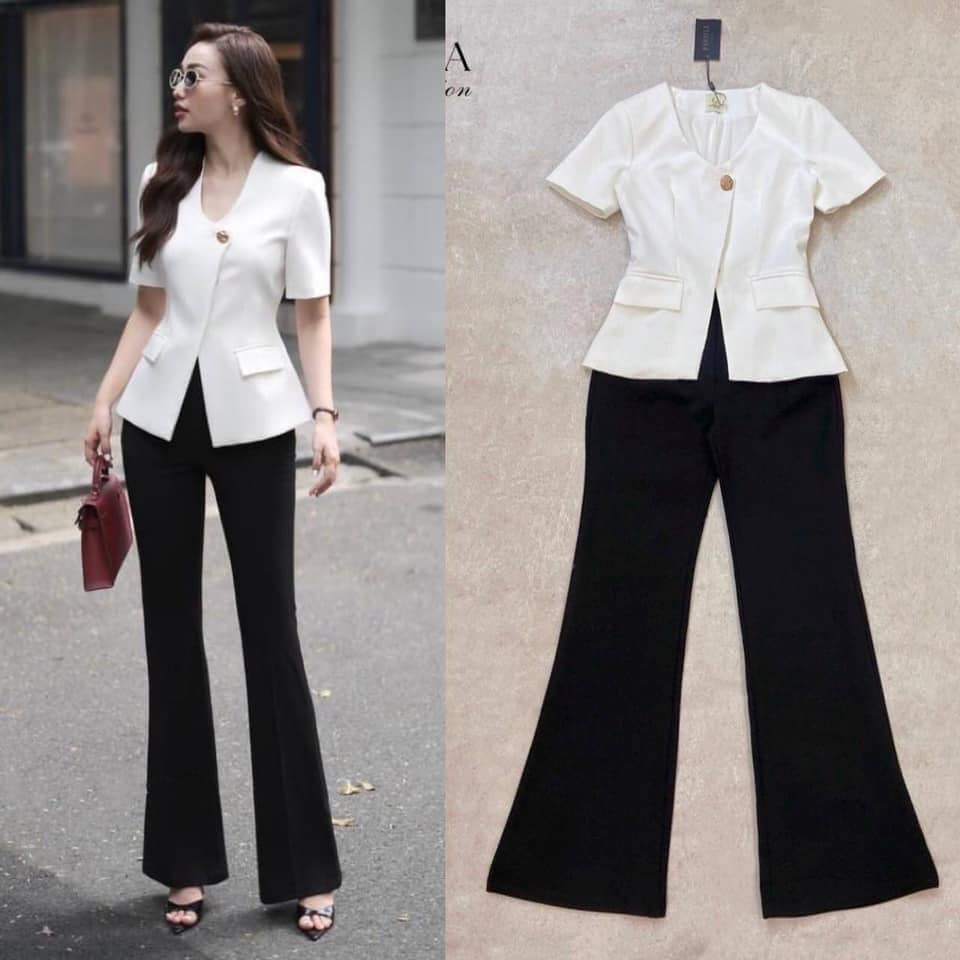 งานเซตสุด Classy เรียบหรู เสื้อสีขาว มาพร้อมกระดุมสุดหรู ฟองน้ำ ที่ไหล่ กระเป๋าจริง มีซับพร้อม+กับกางเกงดำ ทรงขาบานนิดๆ : สินค้าคุณภาพ (พร้อมส่ง)