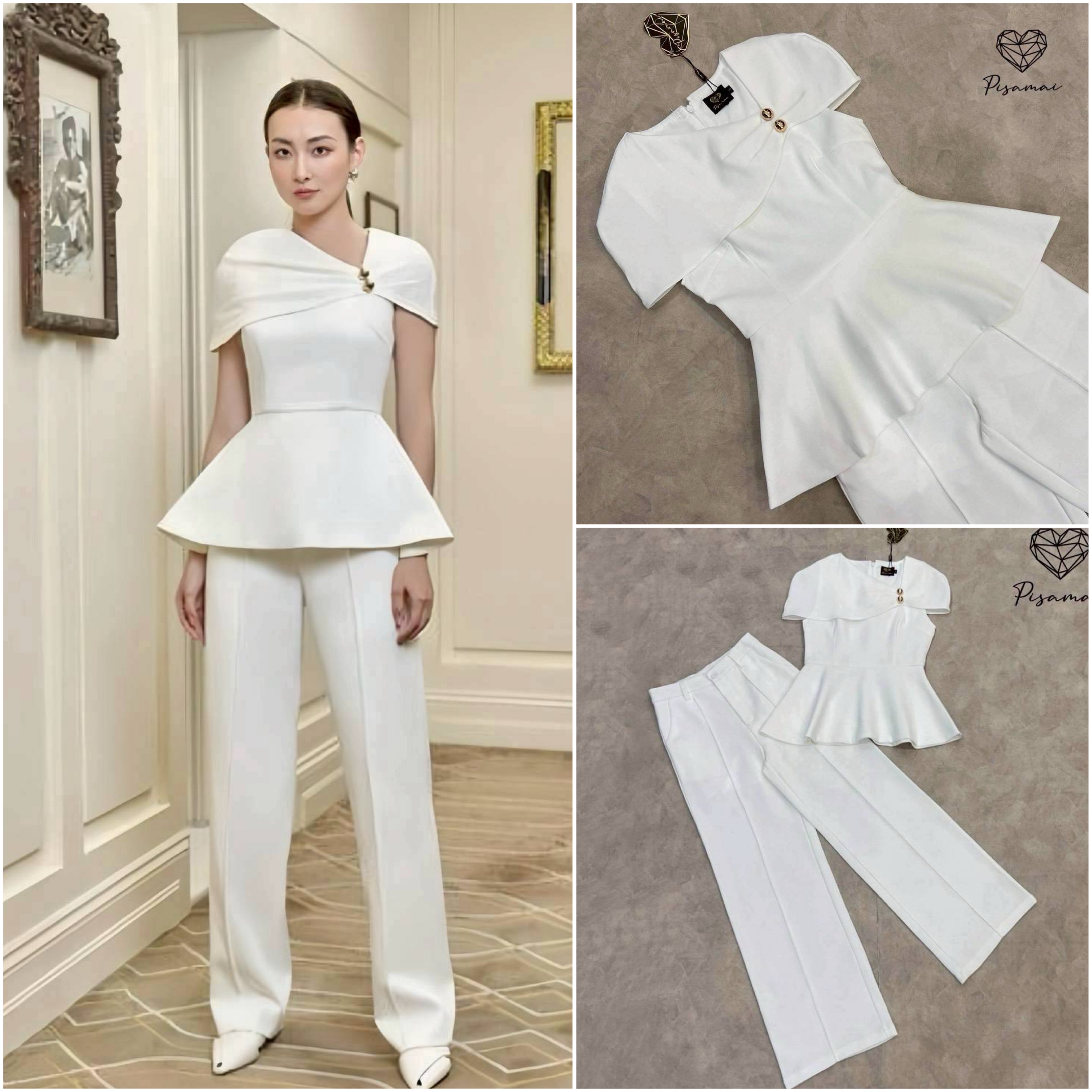 เซ็ตเสื้อสีขาวทรงค้างคาวแต่งอะไหล่ทองช่วงอก มาคู่กับกางเกงขายาวทรงกระบอกตีเกล็ดหน้า ใส่สบาย : สินค้าคุณภาพ (พร้อมส่ง)