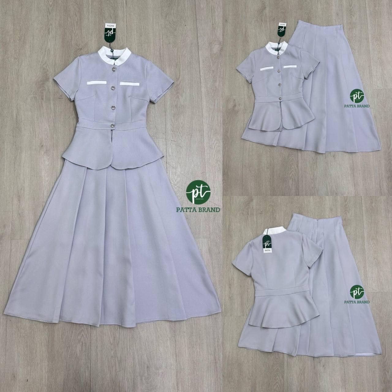 Set 2 ชิ้นสีเทา เสื้อตัวยาวดีไซน์คอจีนแขนสั้น ด้านหน้ามีกระดุมเรียงยาวใช้งานได้จริง +กระโปรงยาวจับจีบใหญ่พริ้วรอบตัว ใส่สบาย : สินค้าคุณภาพ (พร้อมส่ง)