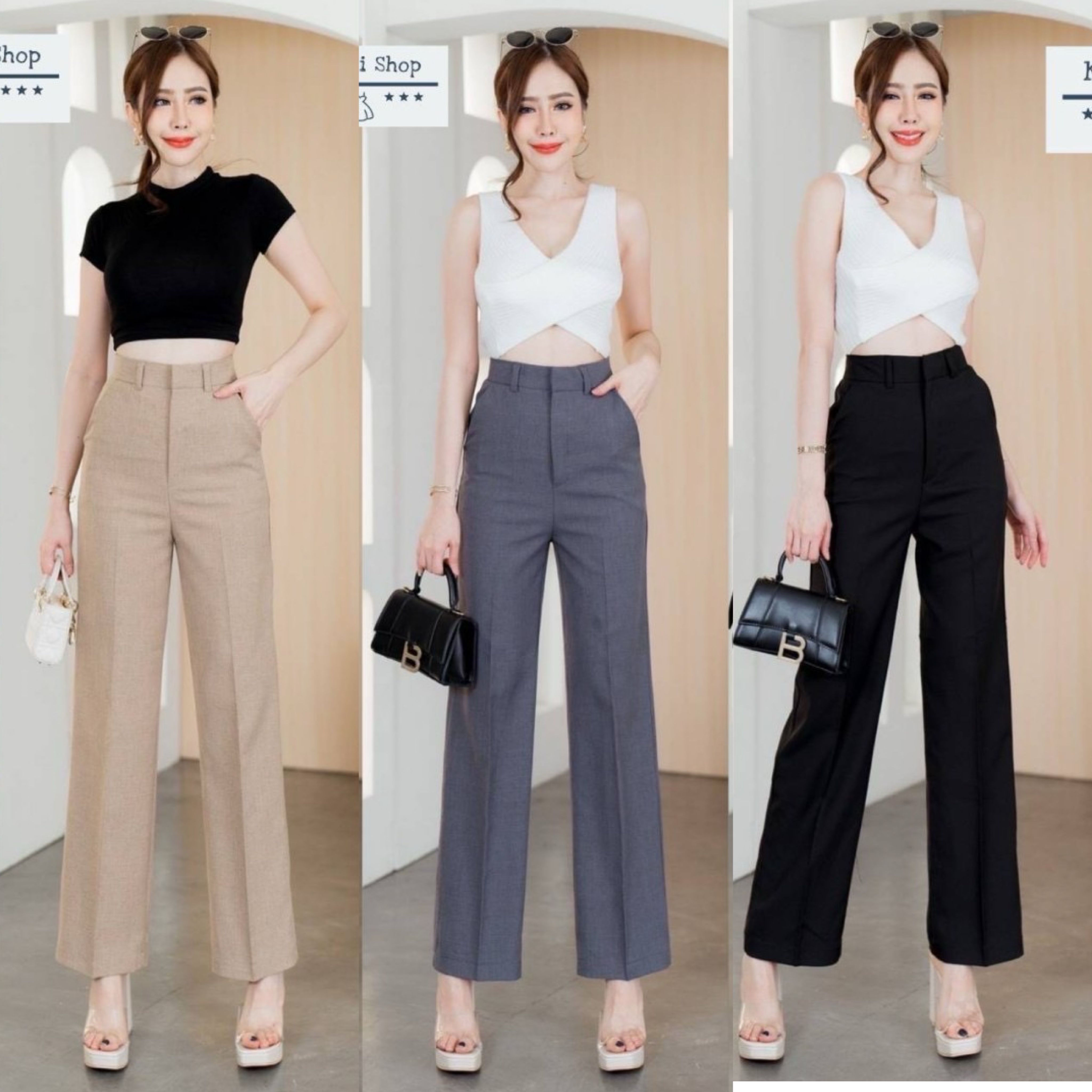 กางเกง*ขากระบอกกลาง ติดตะขอซิปหน้า มีกระเป๋าข้าง ผ้าโซดา ใส่สบาย : สินค้าคุณภาพ (พร้อมส่ง)