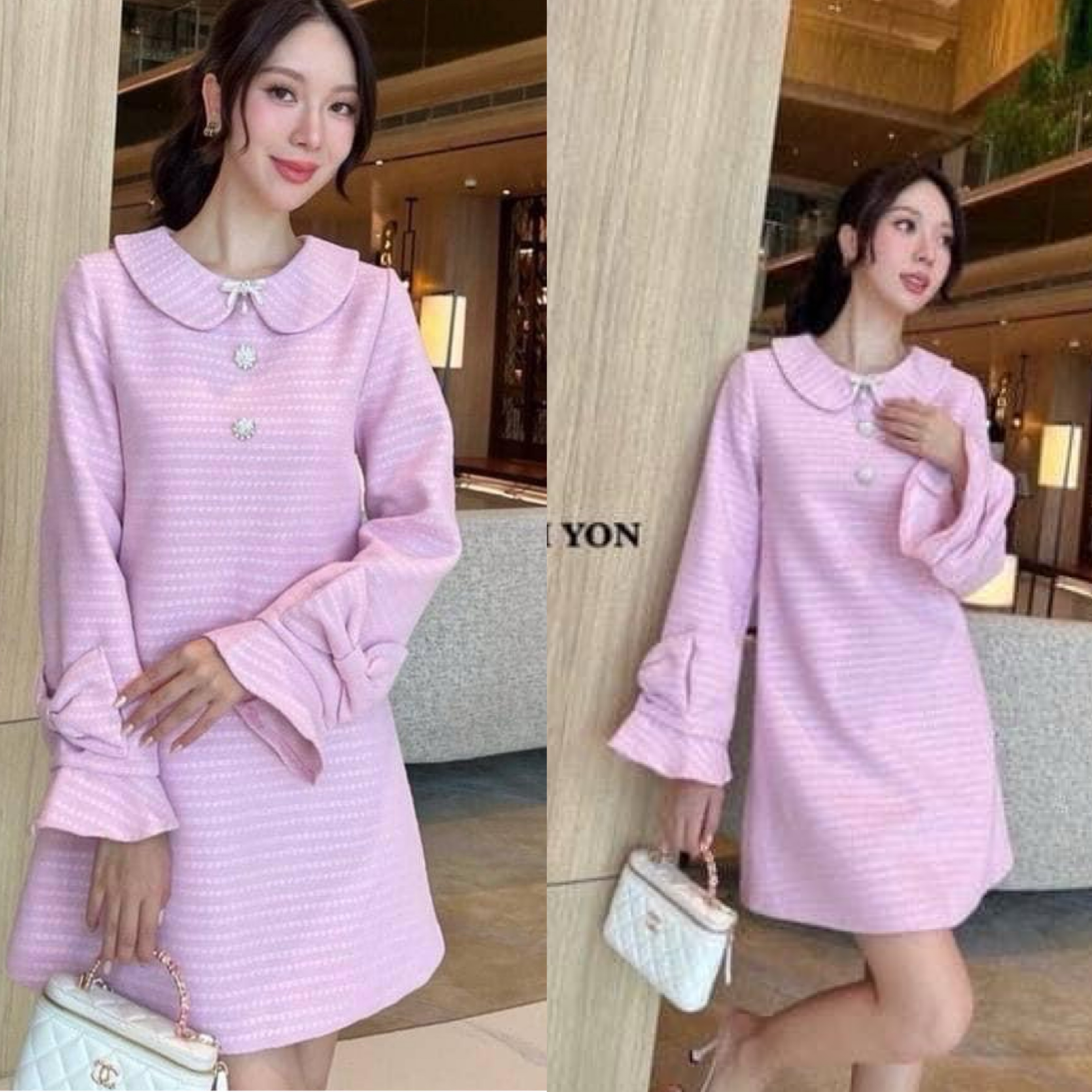 เดรสกระโปรงสั้น แขนยาว คอปกทรงบัว ทรงปล่อยใส่กำลังสวยเนื้อผ้ามีเทกเจอร์หรูหราสีสวยขับผิว ปลายแขนเสื้อแต่งผ้าเป็นรูปโบว์ชายแขนระบายทรงกระดิ่งใส่สบาย : สินค้าคุณภาพ (พร้อมส่ง)