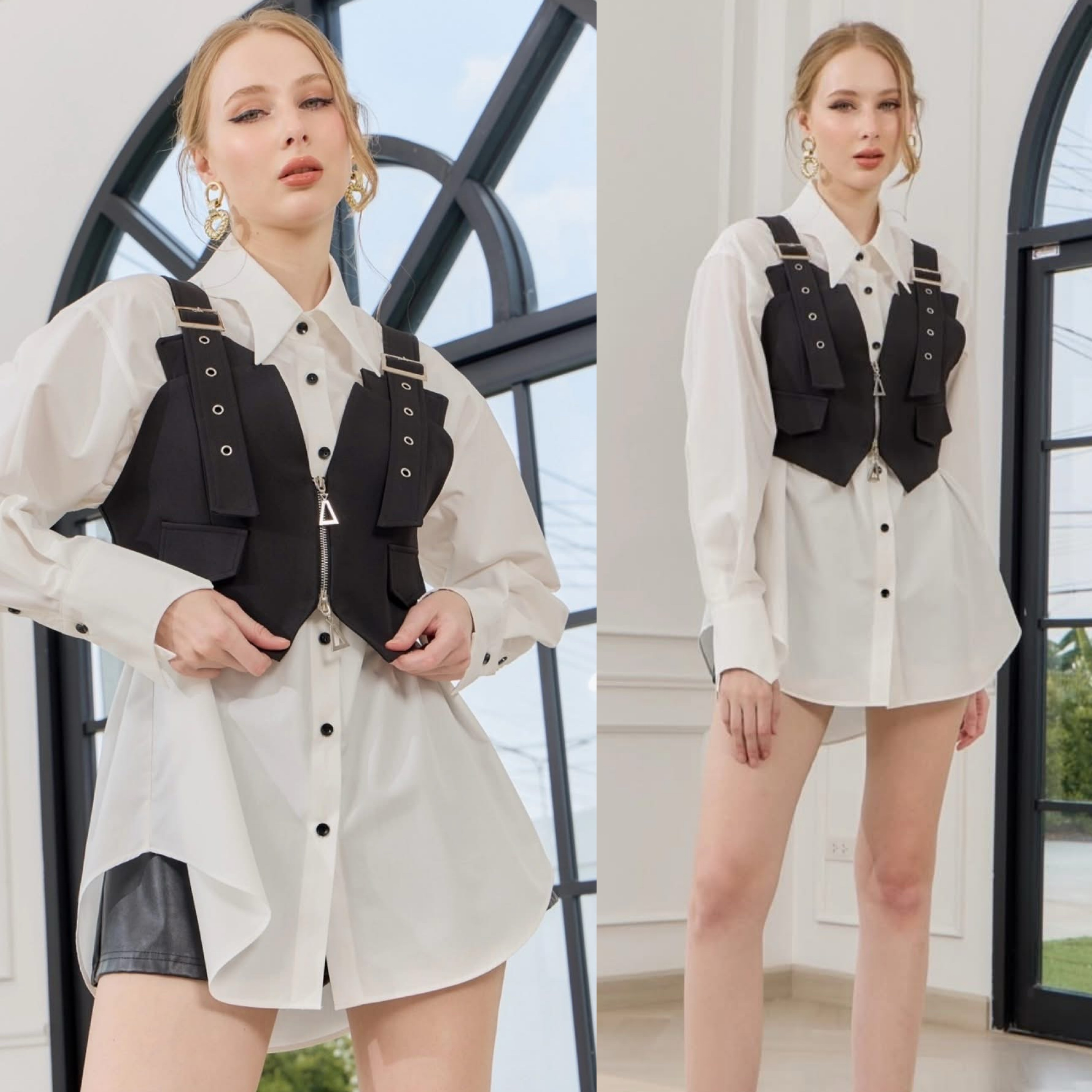 Setเสื้อเชิ้ตแขนยาว+เสื้อครอปกั๊กสุดเก๋ เนื้อผ้าเกรดเอ ใส่สบาย : สินค้าคุณภาพ (พร้อมส่ง)