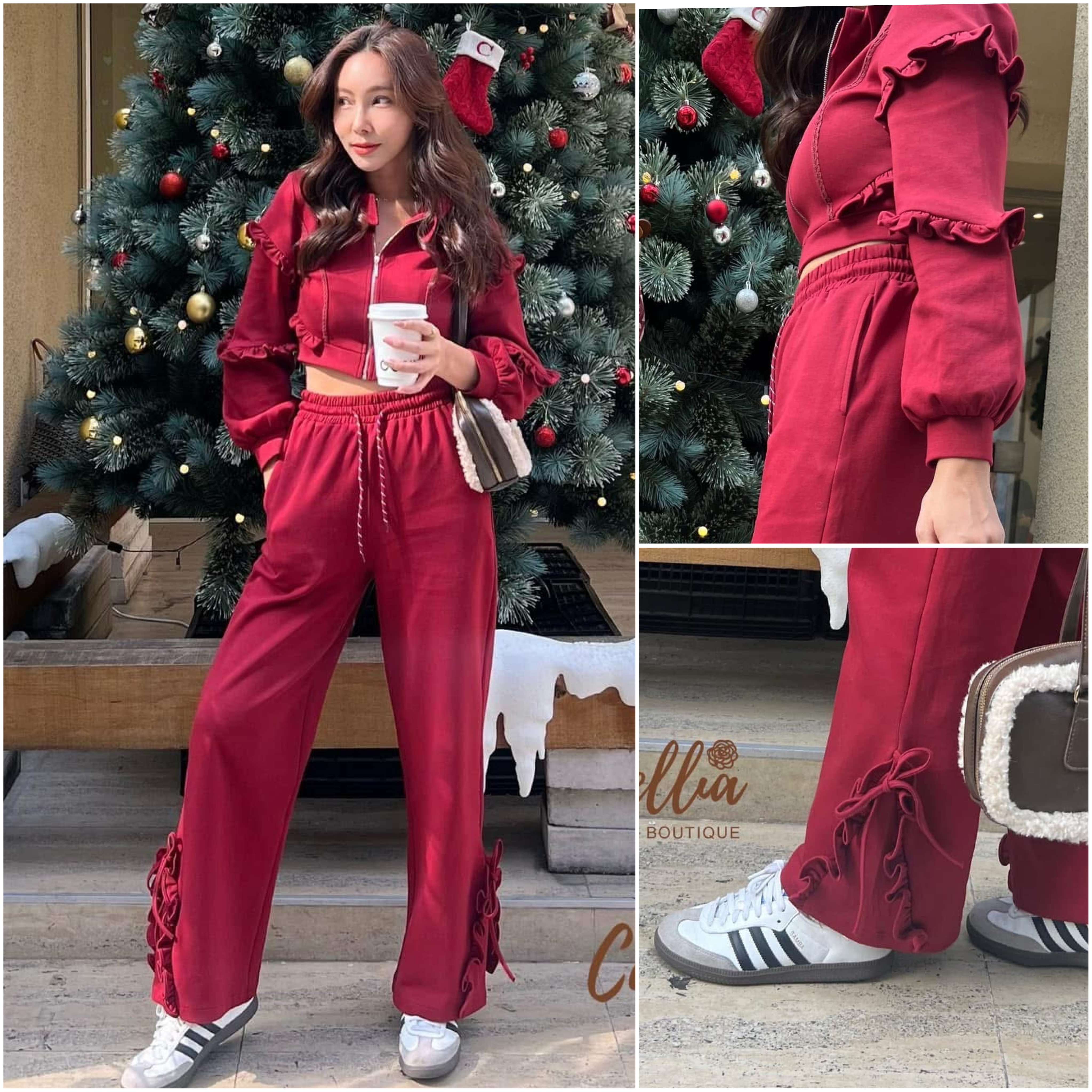 ชุดวอมผ้ายืดเนื้อนิ่ม เสื้อคอระบายๆ แขนยา ว แต่งระบาย มาพร้อมกางเกงขายาวปลายขา ผูกโบ ใส่สบาย : สินค้าคุณภาพ (พร้อมส่ง)