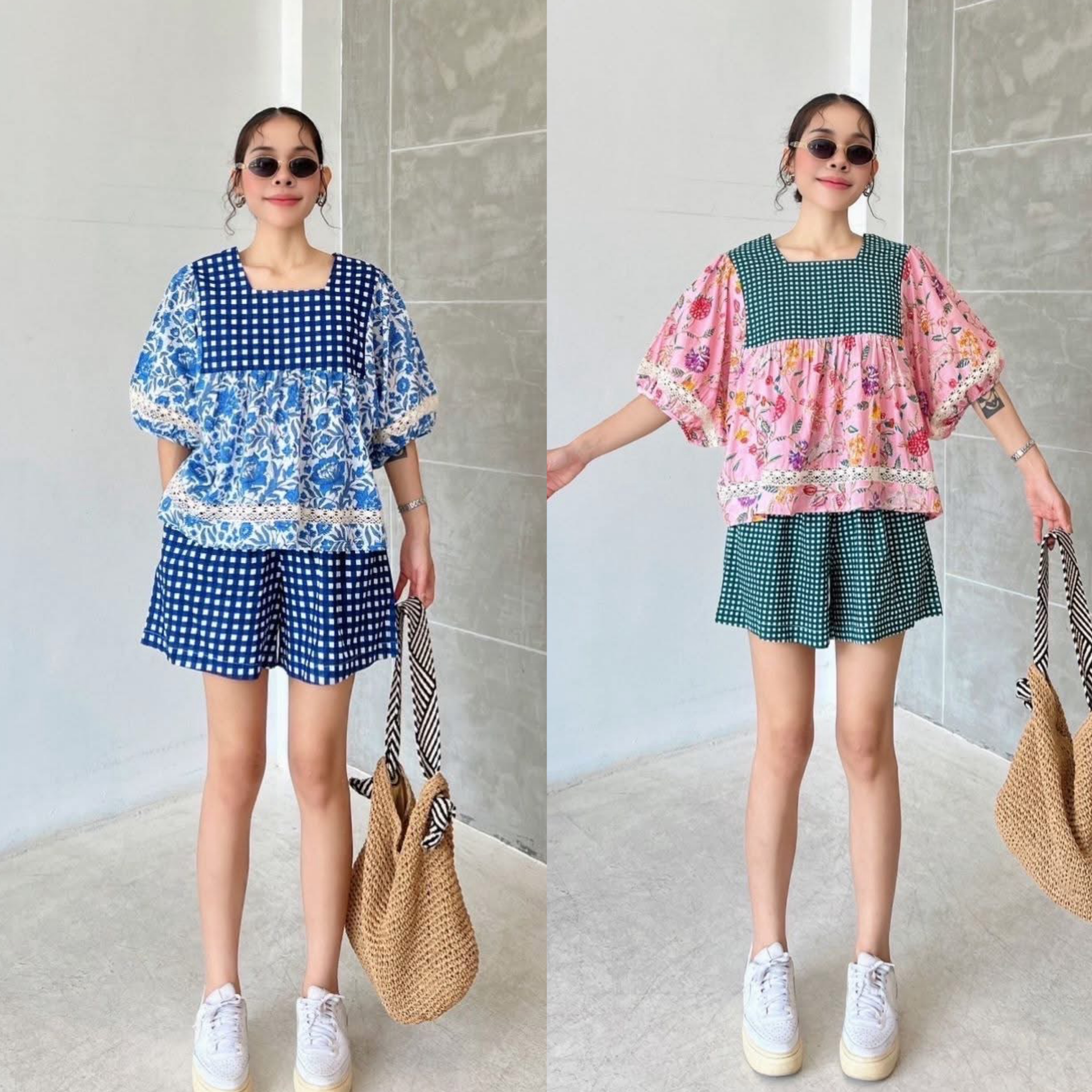 ชุดเซ็ทผ้าบล็อคคอทตอลอินเดีย เสื้อแขนพอง คอเหลี่ยม ฟรีไซส์ แต่งลูกไม้เพิ่มความเก๋ กางเกงเอวสม็อค มีกระเป๋าล้วง ใส่สบาย : สินค้าคุณภาพ (พร้อมส่ง)