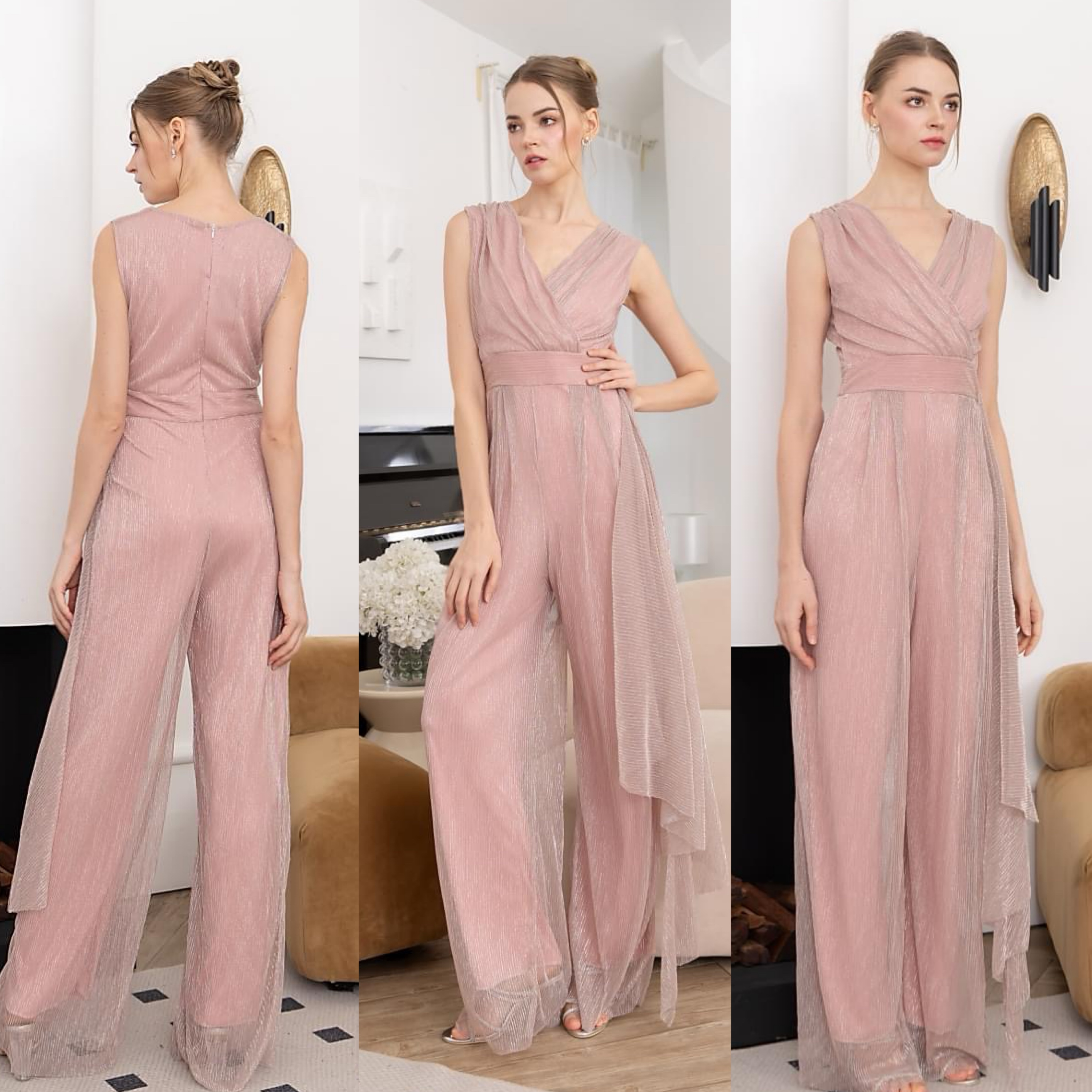 จั๊มสูทเสื้อคอป้ายแขนกุด กางเกงขา ตรงจับจีบ แต่งชายระบายด้านข้าง ใส่สบาย : สินค้าคุณภาพ (พร้อมส่ง)