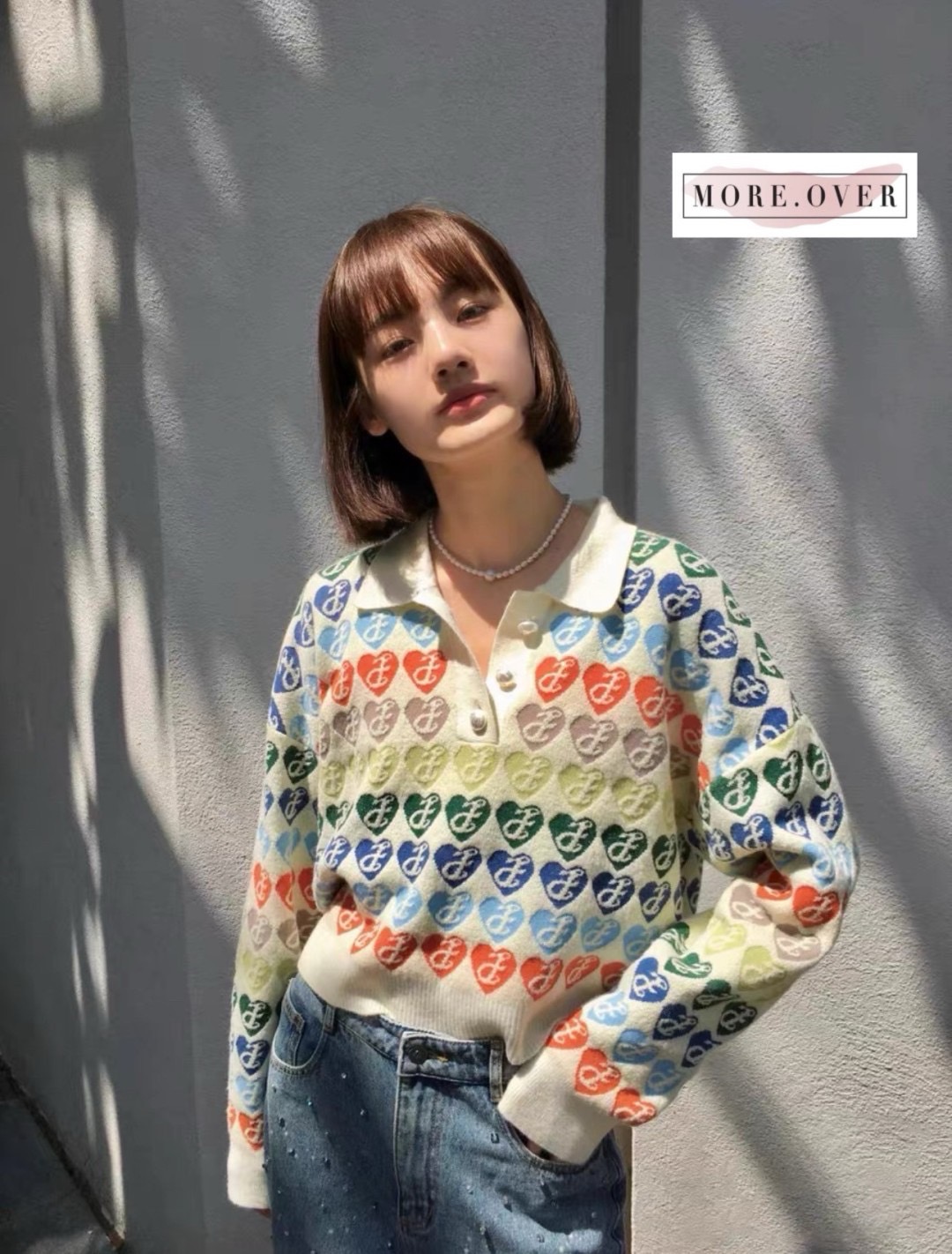 เสื้อไหมพรมแขนยาว คอปกลายหัวใจสีๆ ทั้งตัวงานสวย ใส่สบาย : สินค้าคุณภาพ (พร้อมส่ง)