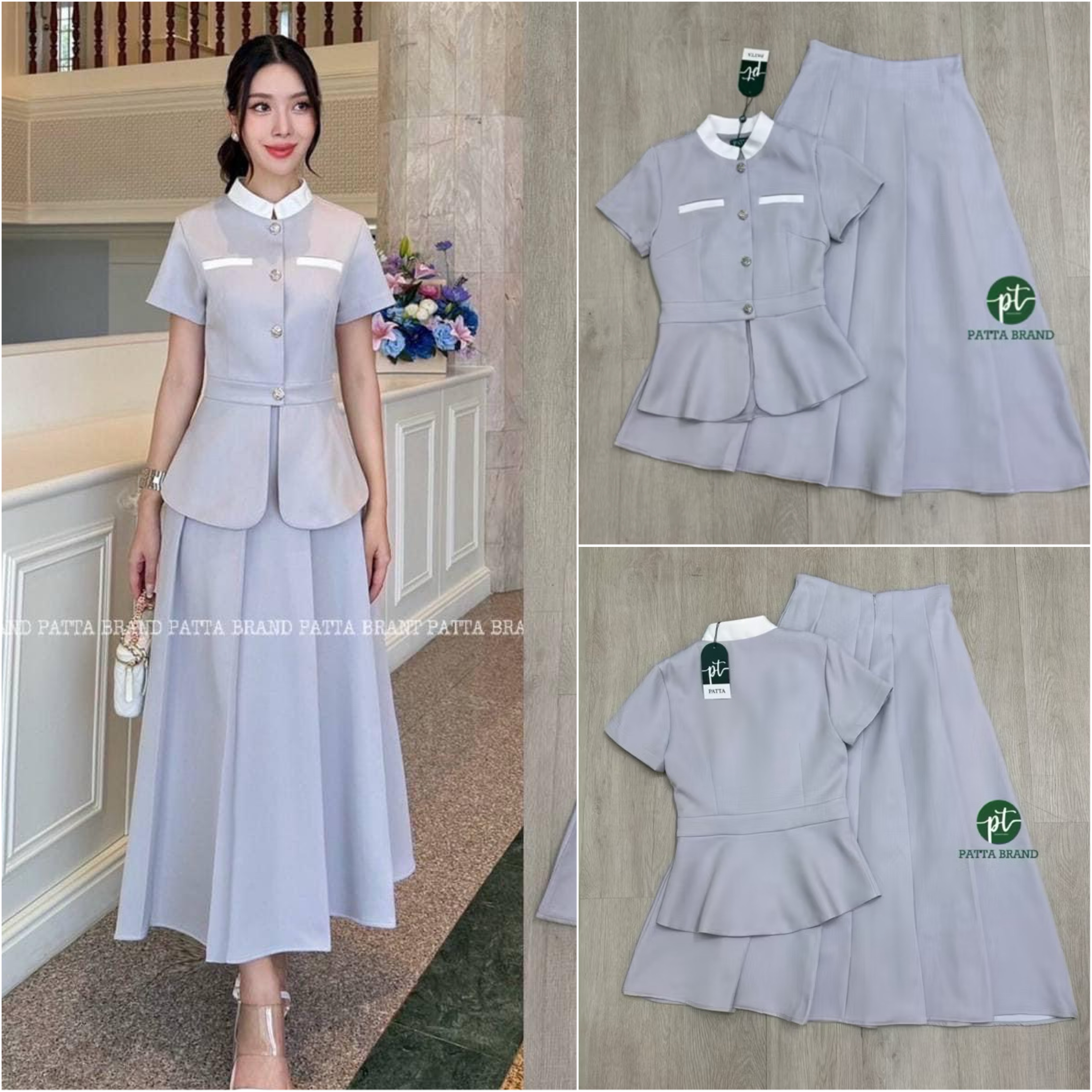 Set 2 ชิ้นสีเทา เสื้อตัวยาวดีไซน์คอจีนแขนสั้น ด้านหน้ามีกระดุมเรียงยาวใช้งานได้จริง ช่วงอกแต่งขอบกระเป๋าหลอกเก๋ๆ ชายเสื้อแหวก มาพร้อมกับกระโปรงยาวจับจีบใหญ่พริ้วรอบตัว ใส่สบาย : สินค้าคุณภาพ (พร้อมส่ง)