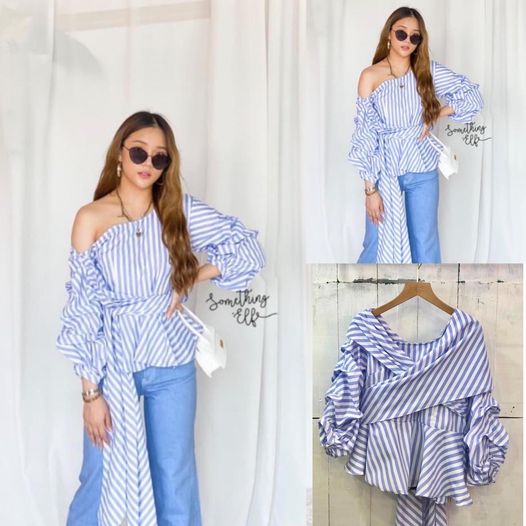 เสื้อเปิดไหล่เฉียง ไขว้หน้า โชว์ซิปหลัง ผูกโบว์ สวยเก๋ ผ้าลายริ้วใหญ่สีฟ้าสลับ ขาว ผ้าไม่แข็งค่ะ : สินค้าคุณภาพ (พร้อมส่ง)