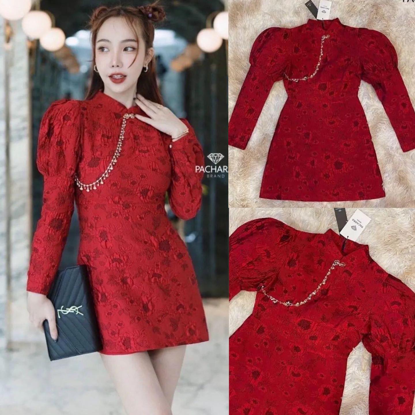 เดรสสั้นคอจีนแขนยาวสีแดง ช่วงไหล่พองจับจีบสวยมาก แต่งสาย สร้อยสีเงินห้อยด้านหน้า ช่วงเอวเข้ารูป สวย เนื้อผ้าหนาทอลายดอกไม้ทั้งชุด งานซิปด้านหลัง มีซับในอัดกาวอย่างดี สินค้าคุณภาพ (พร้อมส่ง)