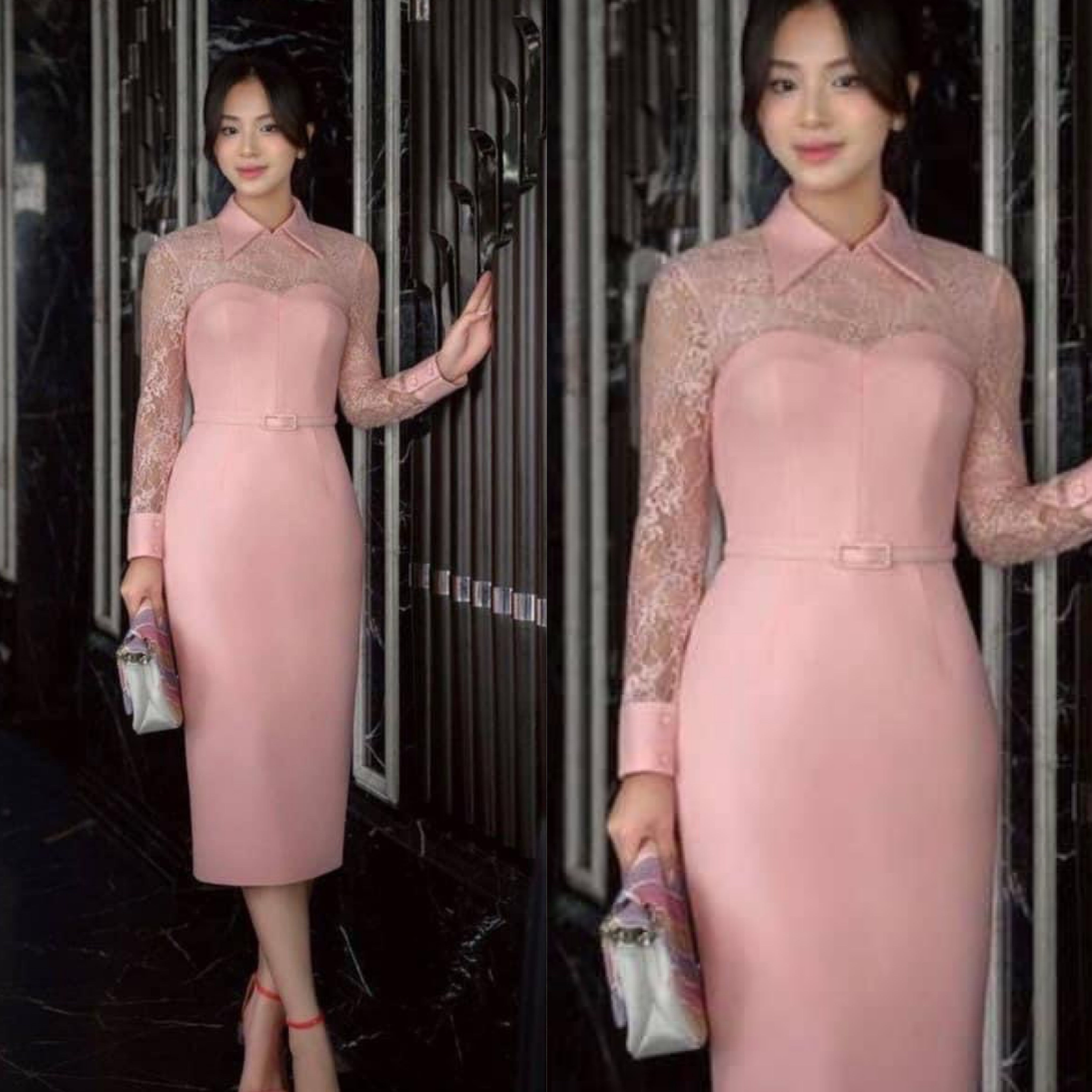 เดรสยาวดีไซส์ช่วงบนอกและแขนแต่งลายลูกไม้คอปกปลายแขนและลำตัวสีเรียบ มาพร้อมเข็มขัดเส้นเล็กสีเดียวกันกับตัวชุด ใส่สบาย : สินค้าคุณภาพ (พร้อมส่ง)