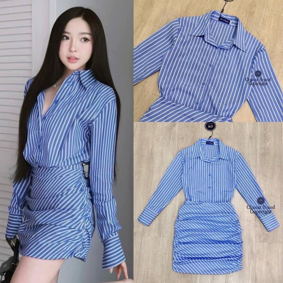 เซต2ชิ้น สีฟ้า เสื้อเชิ้ตแขนยาวมีกระดุมหน้าเรียงยาวดีไซส์ทรงovesize +กระโปรงจับจับรอบให้ทรงสวย ใส่สบาย สินค้าคุณภาพ (พร้อมส่ง)