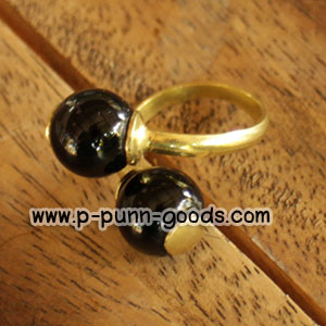 แหวนทองเหลือง หินแบล็คอาเกต เม็ดกลม