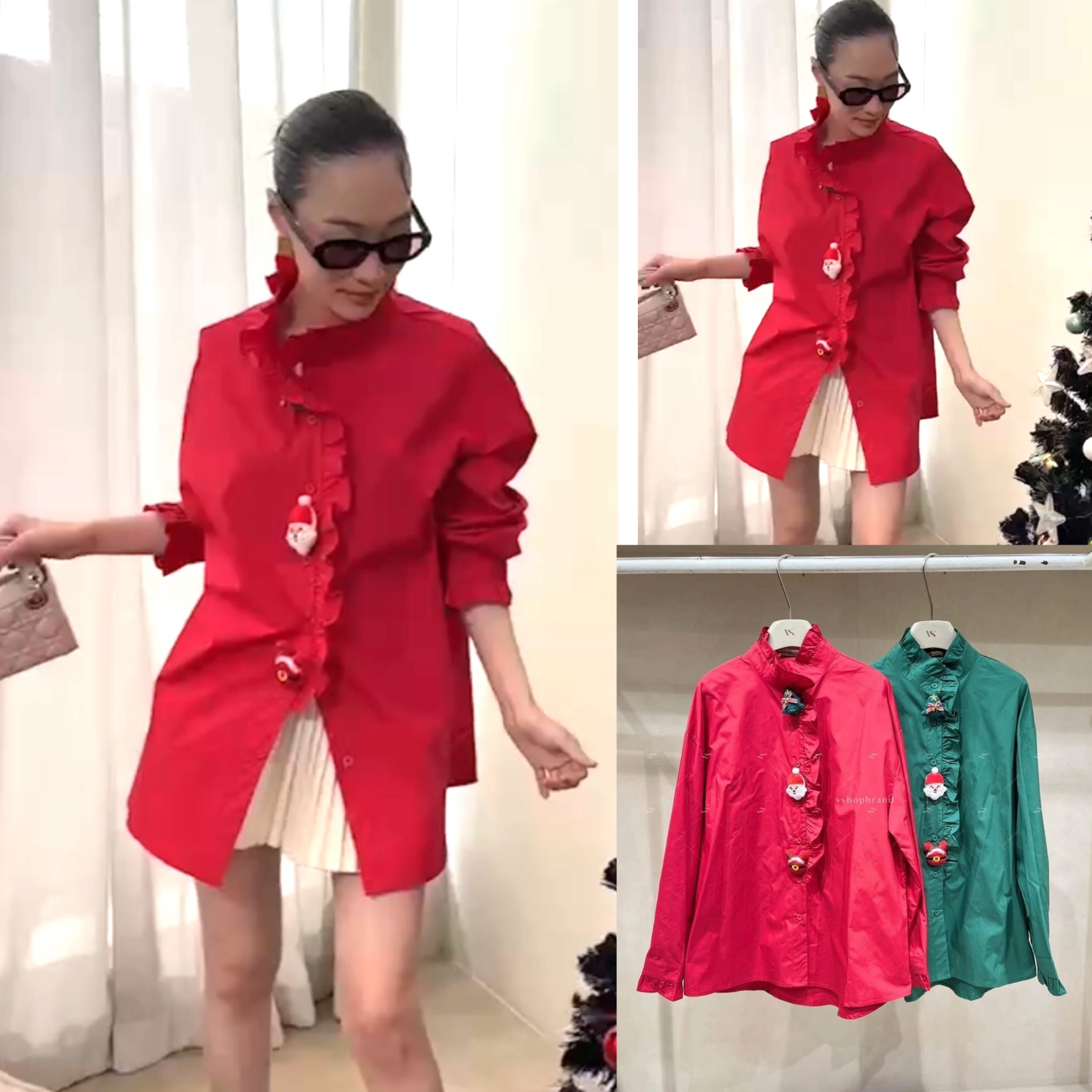 เสื้อเชิ้ตคริสมาสต์คอปีน ขอบระบาย ใส่สบาย : สินค้าคุณภาพ (พร้อมส่ง)