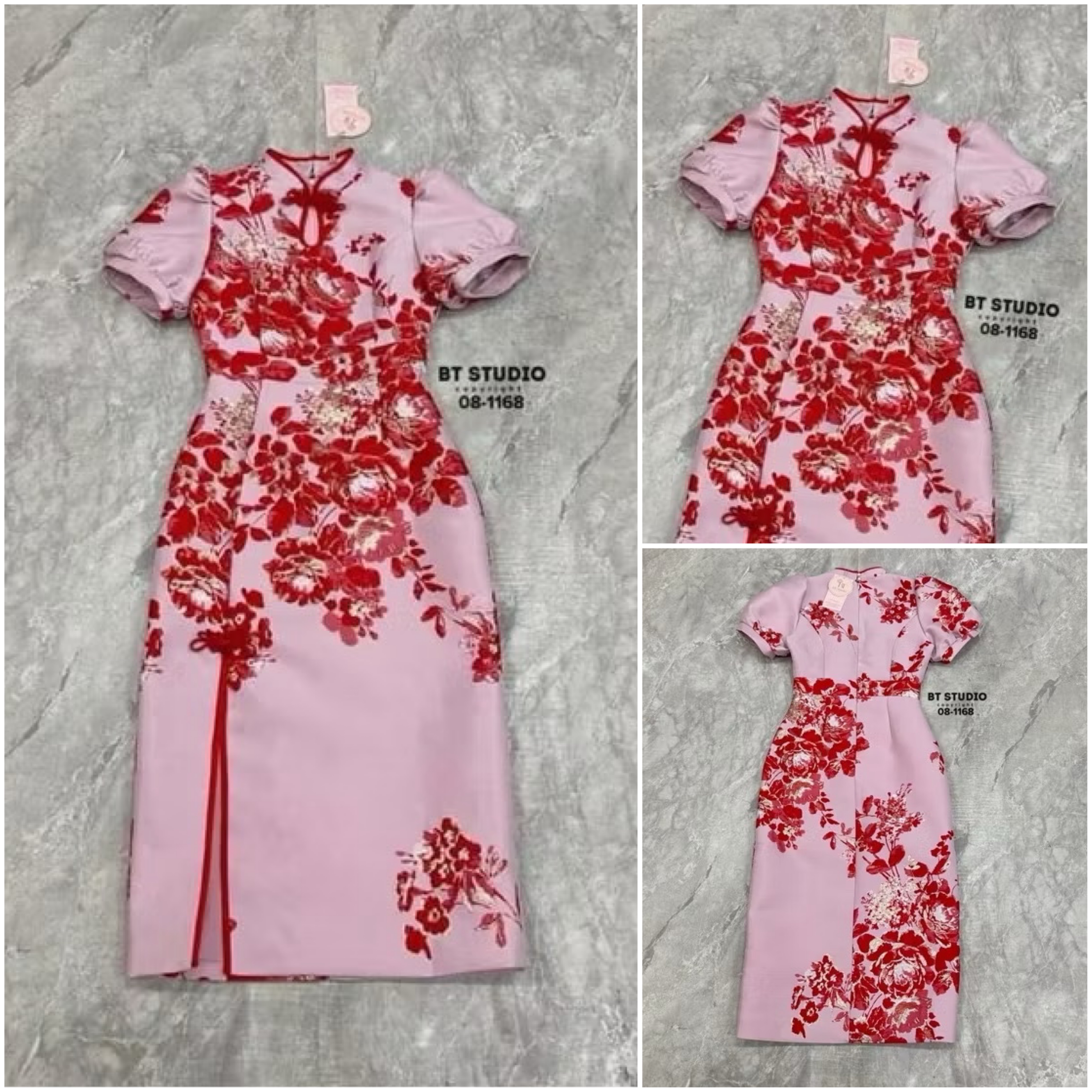 แม๊กซี้เดรสกี่เพ้าคอจีนแต่งกระดุมจีน ตรงกลางงานผ้าทอลายดอกไม้สีแดงตัดดิ้นทอง งานสวยมาก แต่งแขนสั้นพอง ๆ ใส่สบาย : สินค้าคุณภาพ (พร้อมส่ง)