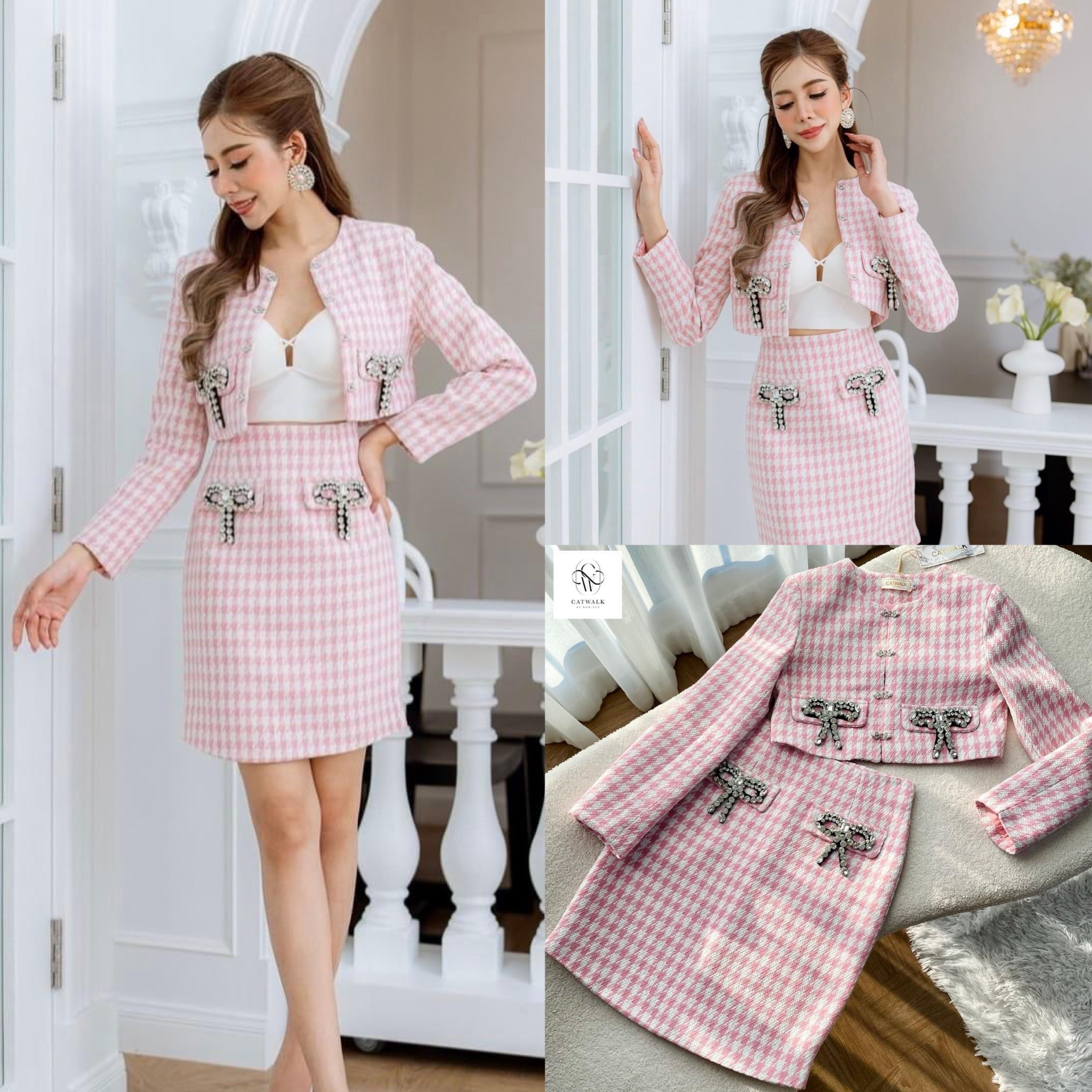 เซตผ้าทวิตลายชิโนริเสื้อครอปแต่งโบว์เพชร+กระโปรงทรงสอบ เนื้อผ้าทวิตทอลายเกรดเอ งานhiend ใส่สบาย สินค้าคุณภาพ (พร้อมส่ง)