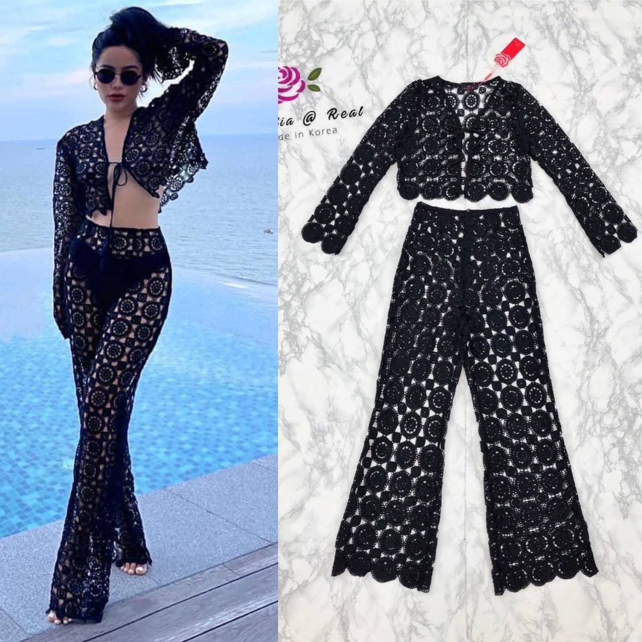 Set เสื้อคลุมแขนยาว ด้านหน้าผูกโบสวย ตัวเสื้อทรงปล่อยใส่ง่าย +กางเกงขายาว ทั้งตัวชุดลูกไม้ถักลายสวยทั้งชุด ใส่สบาย สินค้าคุณภาพ (พร้อมส่ง)