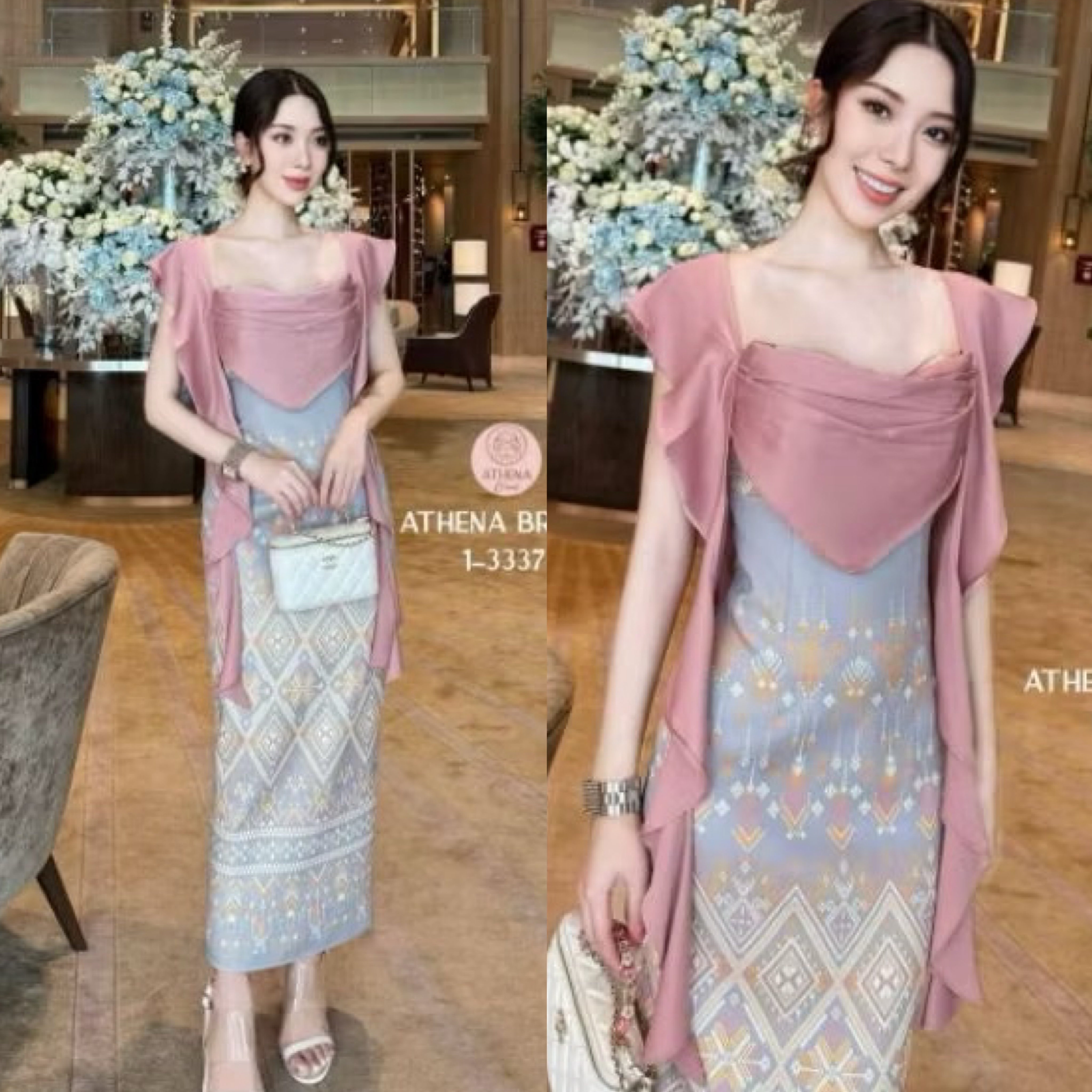 Maxi Dress พิมพ์ลายดีไซน์ตัดต่อผ้าแต่งระบาย หน้าอกเสริมฟองน้ำจัดทรงสวย ชายกระโปรงด้านหลังผ่า เนื้อผ้าดี๊ดีมีTexture งานมีซับใน ใส่สบาย : สินค้าคุณภาพ (พร้อมส่ง)