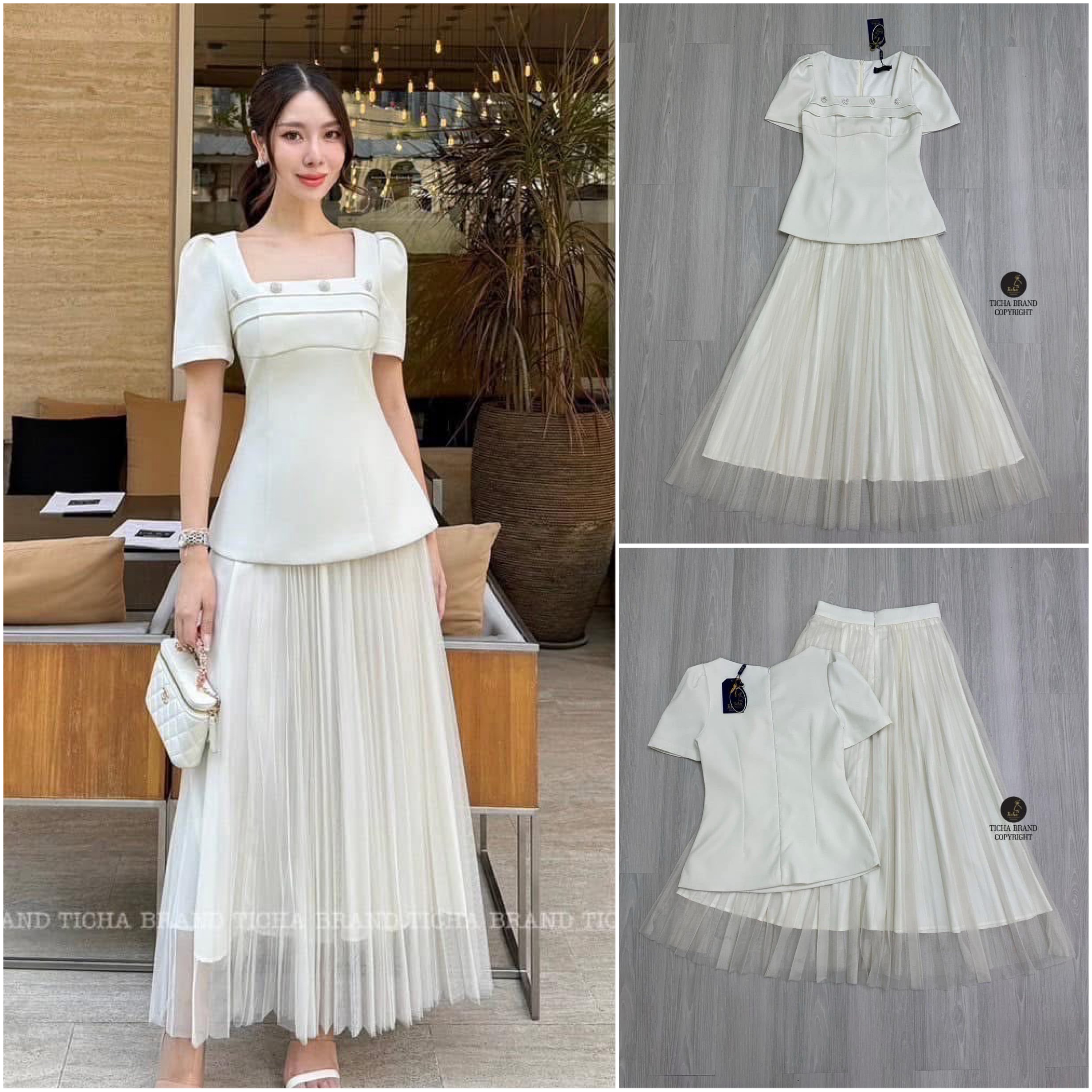 Set 2 ชิ้นสีครีม เสื้อตัวยาว ดีไซน์คอเหลี่ยมแขนสั้นจับจีบยกไหล่ ด้านหน้า แต่งอะไหล่เพชร จับจีบผ้าเป็นชั้น ๆ (มีซิปหลัง ) มาคู่กับกระโปรงยาวอัดพรีทผ้ามุ้ง ใส่สบาย : สินค้าคุณภาพ (พร้อมส่ง)