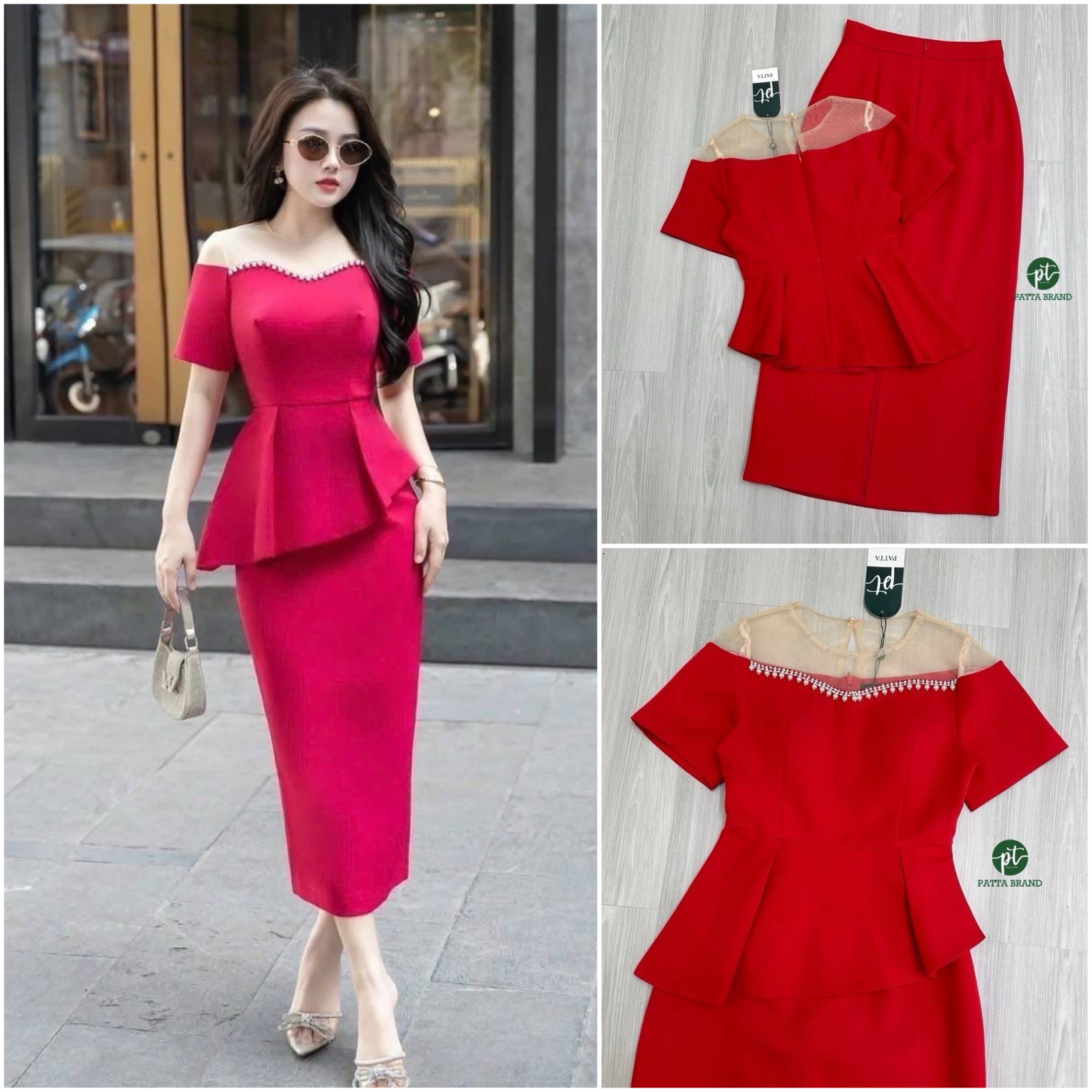 Set 2 ชิ้น สีแดงเสื้อแขนสั้นอกชีทรู ผ้ามุ้งดีเทลแต่งกุ๊นมุกเด่นสวยชายเสื้อแต่งระบาย เฉียงข้างดีไซน์สวย(อกเสริมฟองน้ำ มีซิปหลัง) มาคู่กับกระโปรงยาวทรงตรงทรงสอบดีไซน์ผ่าหลัง ใส่สบาย : สินค้าคุณภาพ (พร้อมส่ง)