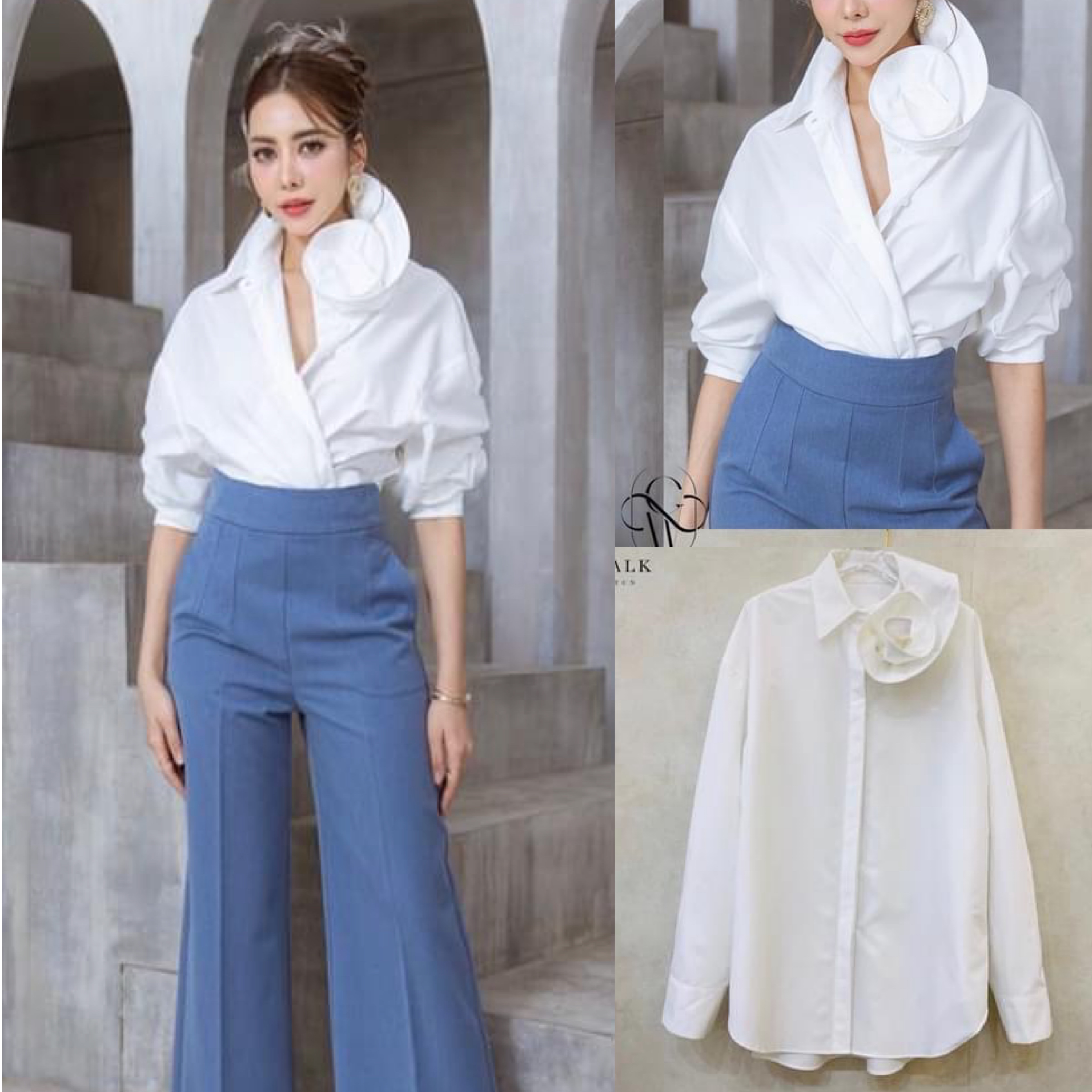 เสื้อเชิ้ตปกคอดอกไม้ ตัวเสื้อเป็นทรงปล่อยๆเท่ห์ๆ คอปกดีไซน์ให้เป็นดอกกุหลาบ ตะเข็บด้านในตัวเสื้อเย็บเก็บขอบอย่างละเอียด เนื้อผ้าเกรดเอ ใส่สบาย : สินค้าคุณภาพ (พร้อมส่ง)