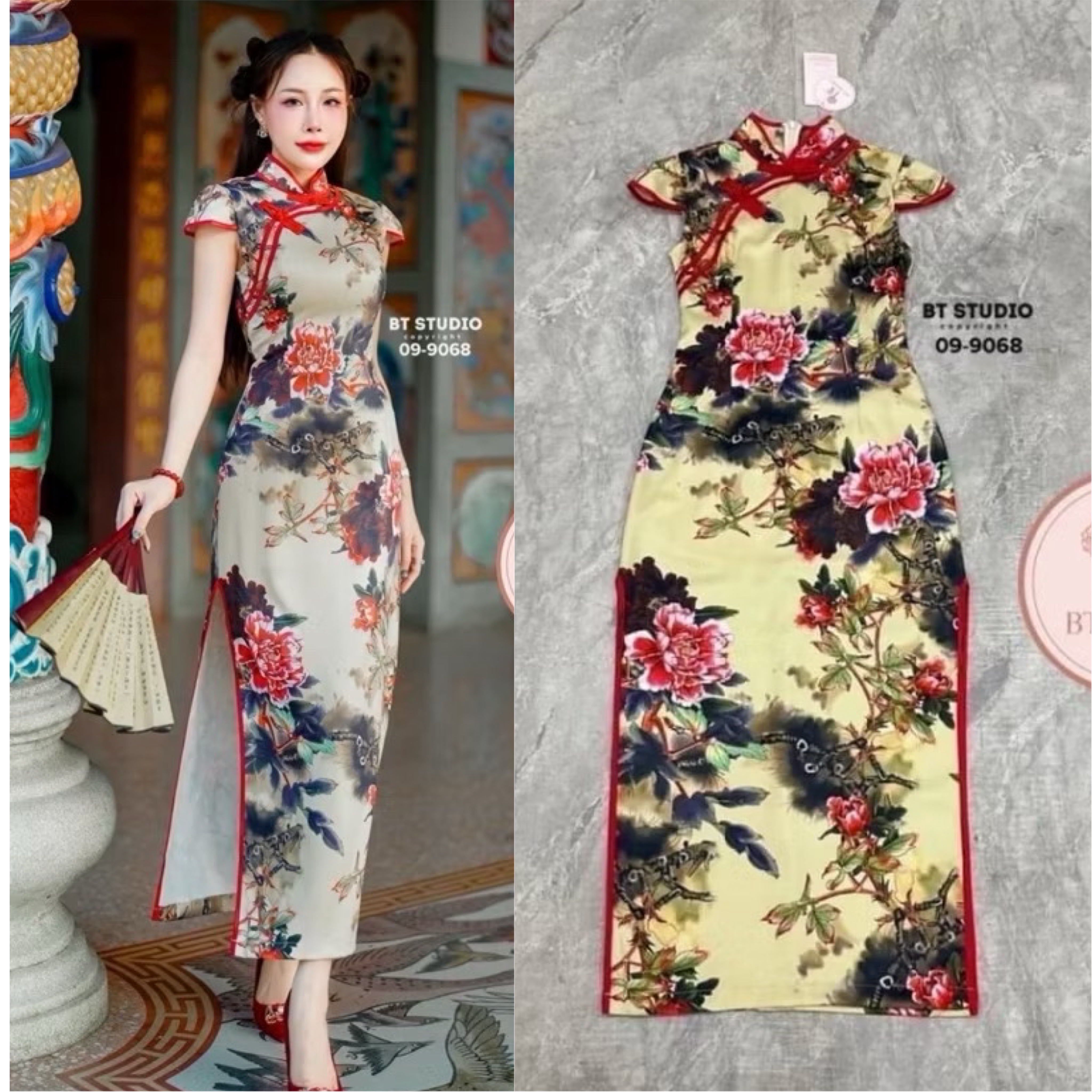 เดรสกี่เพ้า แต่งคอจีน พื้นสีพิมพ์ลายสวยม๊าก ห้ามพลาดเลยคร้าา limited ม๊ากคร้า ใส่สบาย : สินค้าคุณภาพ (พร้อมส่ง)