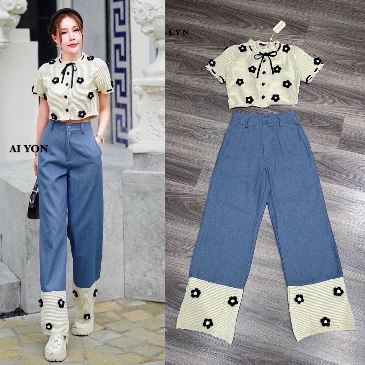 ชุดเสื้อครอปแขนสั้น คอกลมทรงพอดีตัวใส่กำลังสวย ตรงกลางหน้าอกแต่งกระดุมสีดำ ตรงคอร้อยริบบิ้นผูกโบว์น่ารักก เสื้อประดับด้วยดอกไม้ +กางเกงขายาว ใส่สบาย : สินค้าคุณภาพ (พร้อมส่ง)