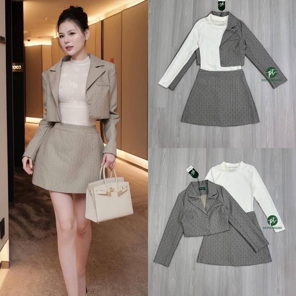 เซต3ชิ้น สีเทาลายจุดดำ เสื้อคลุมตัวสั้นแขนยาวมีกระดุมหน้า มาคู่กับเสื้อตัวในแขนยาวสีครีมปักดอกนูน ผ้ายืดได้นิดหน่อย เข้ารูปสวยใส่สบาย และมาพร้อมกระโปรงสั้น ใส่สบาย : สินค้าคุณภาพ (พร้อมส่ง)